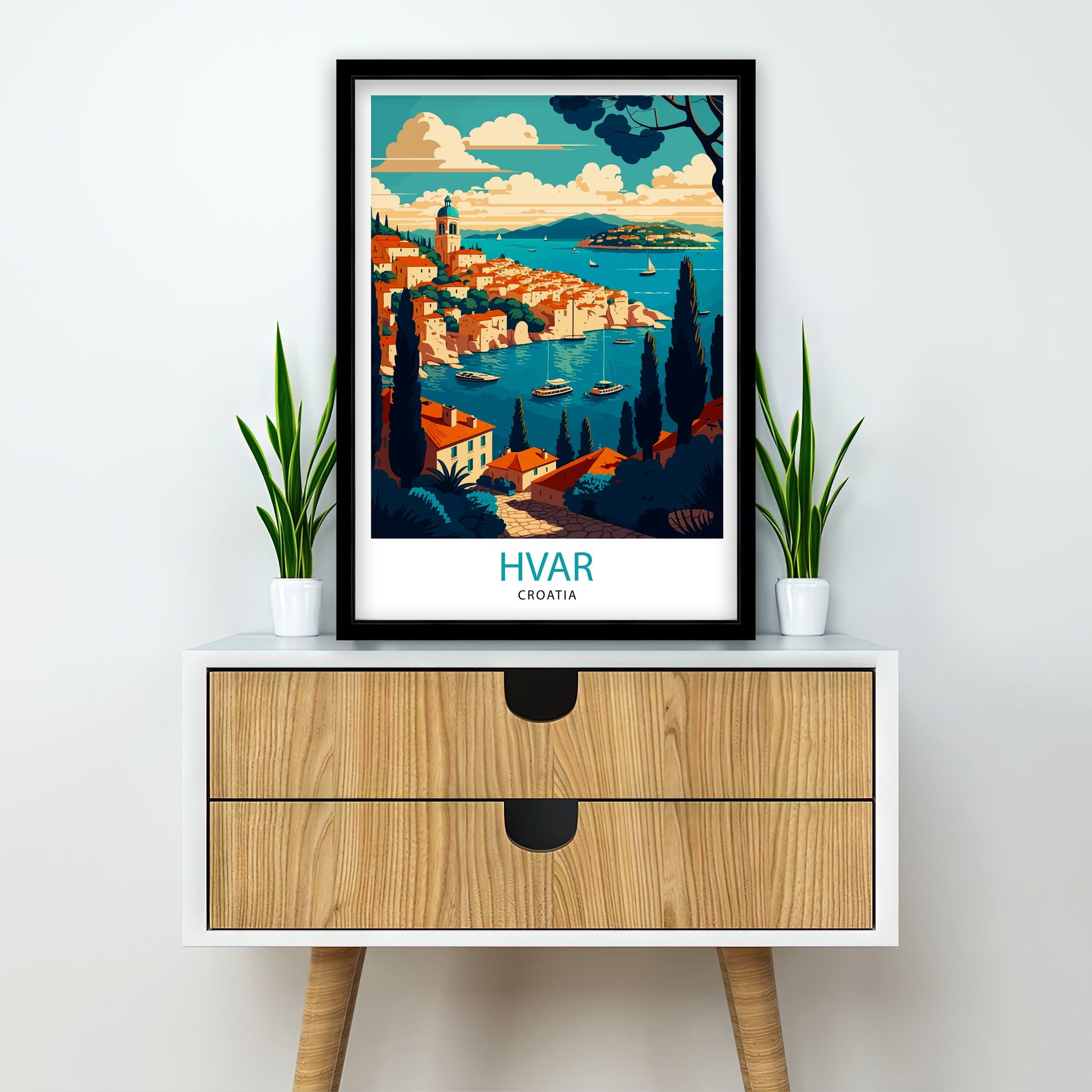 Hvar Croatia Illustration Print, Coastal Travel Poster
