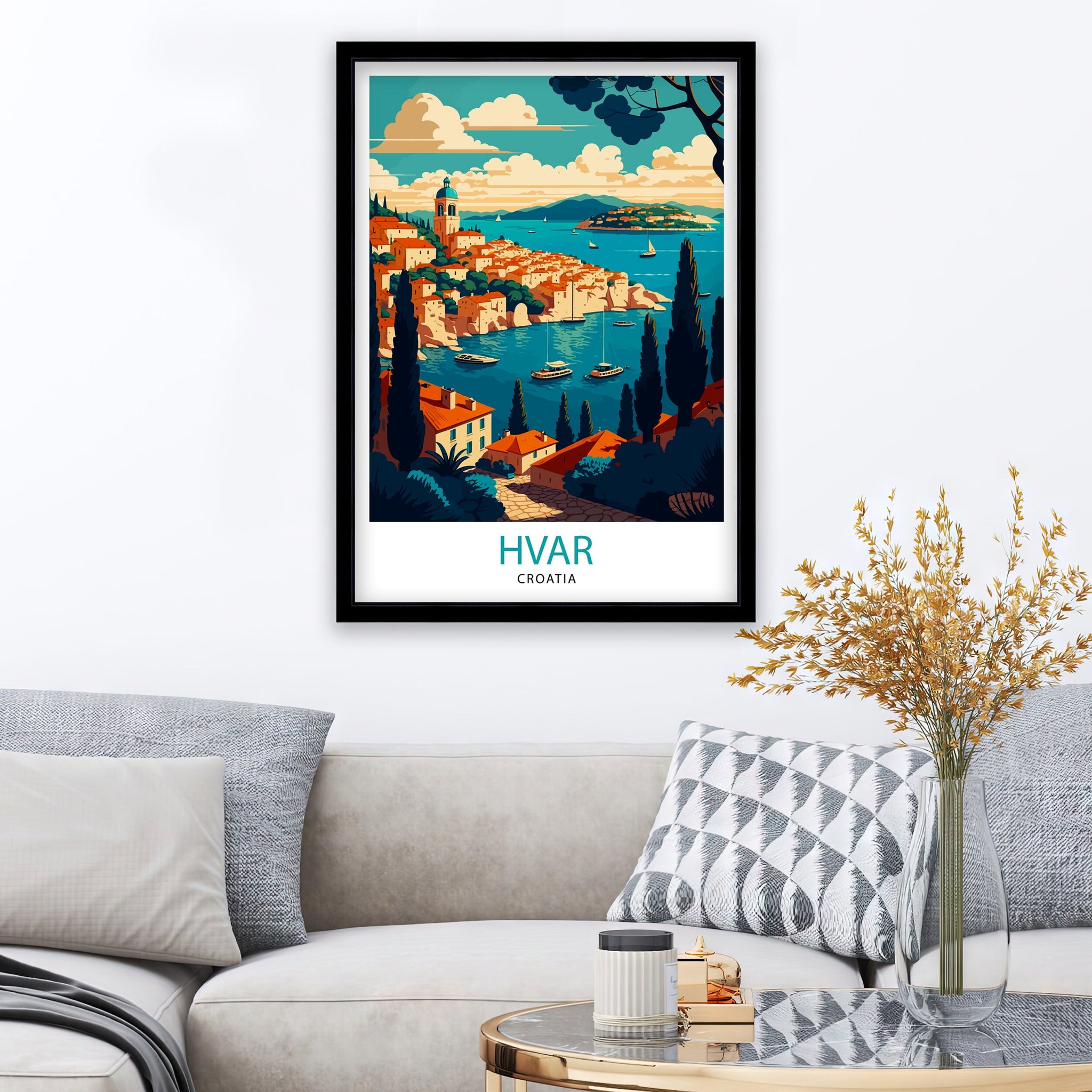 Hvar Croatia Illustration Print, Coastal Travel Poster