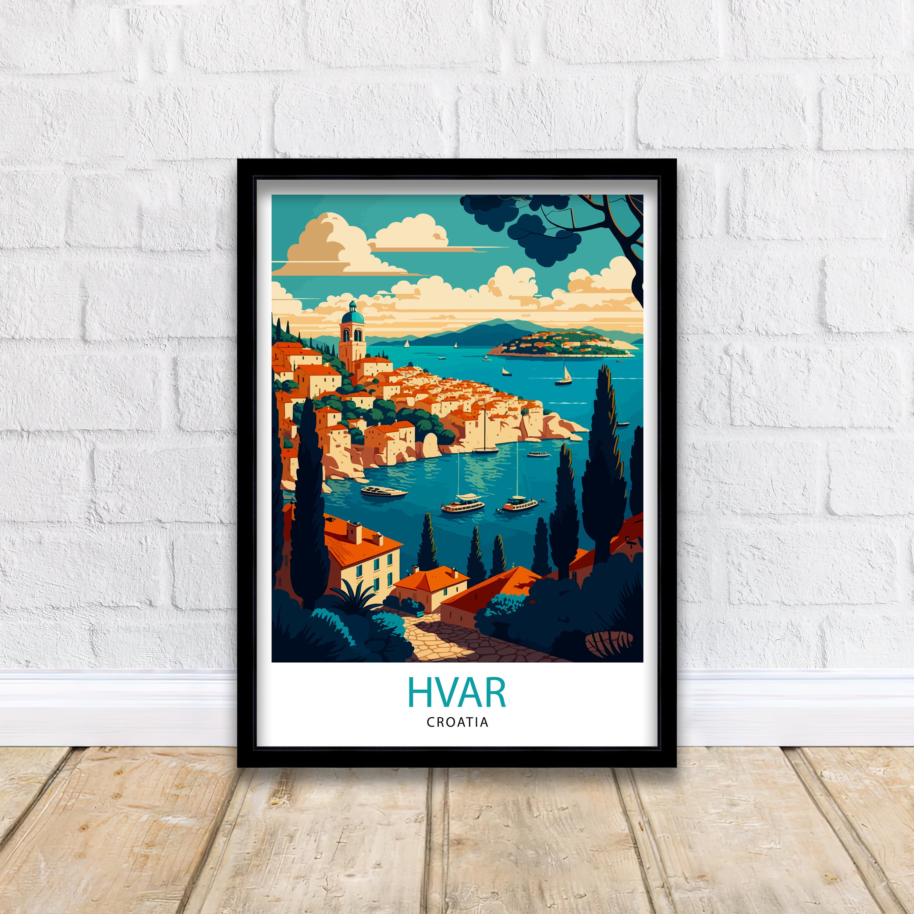 Hvar Croatia Illustration Print, Coastal Travel Poster