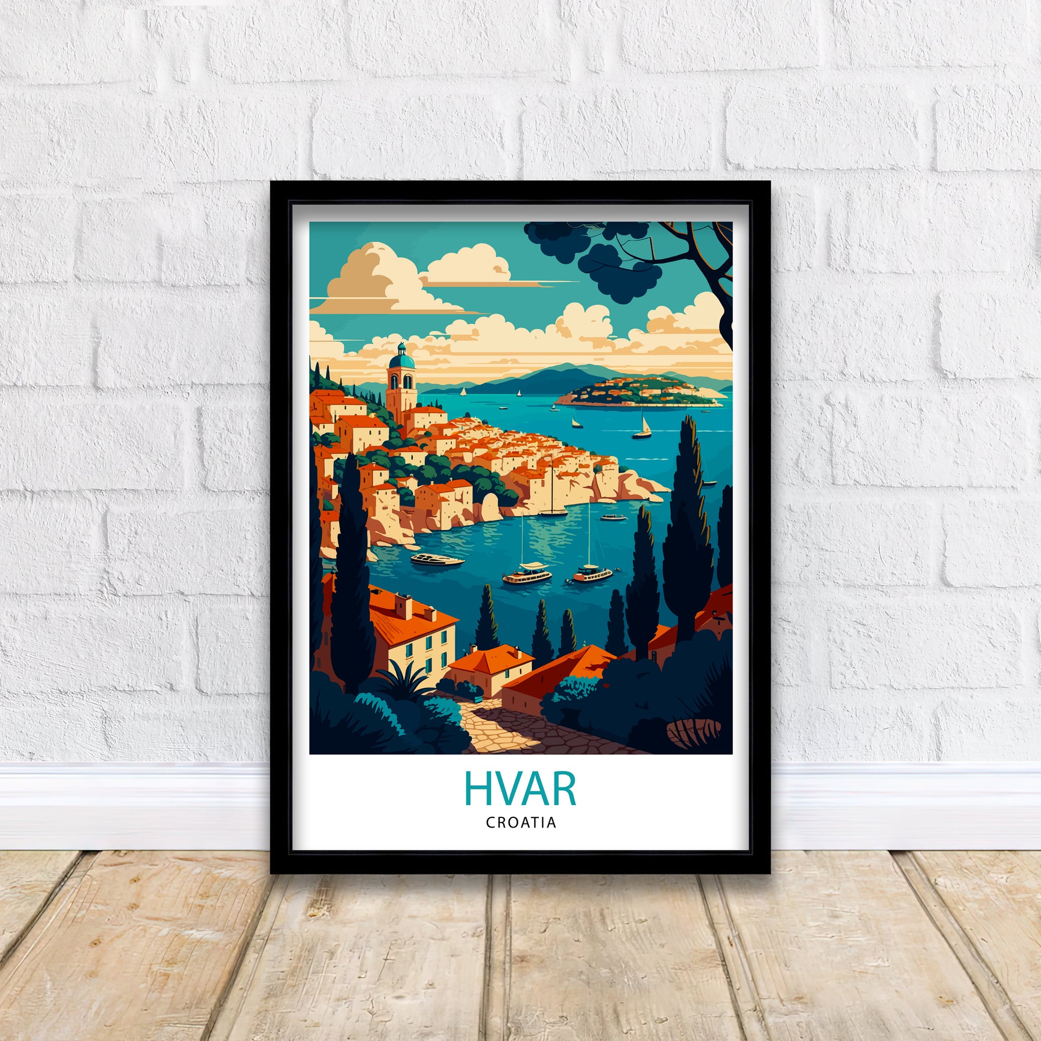 Hvar Croatia Illustration Print, Coastal Travel Poster