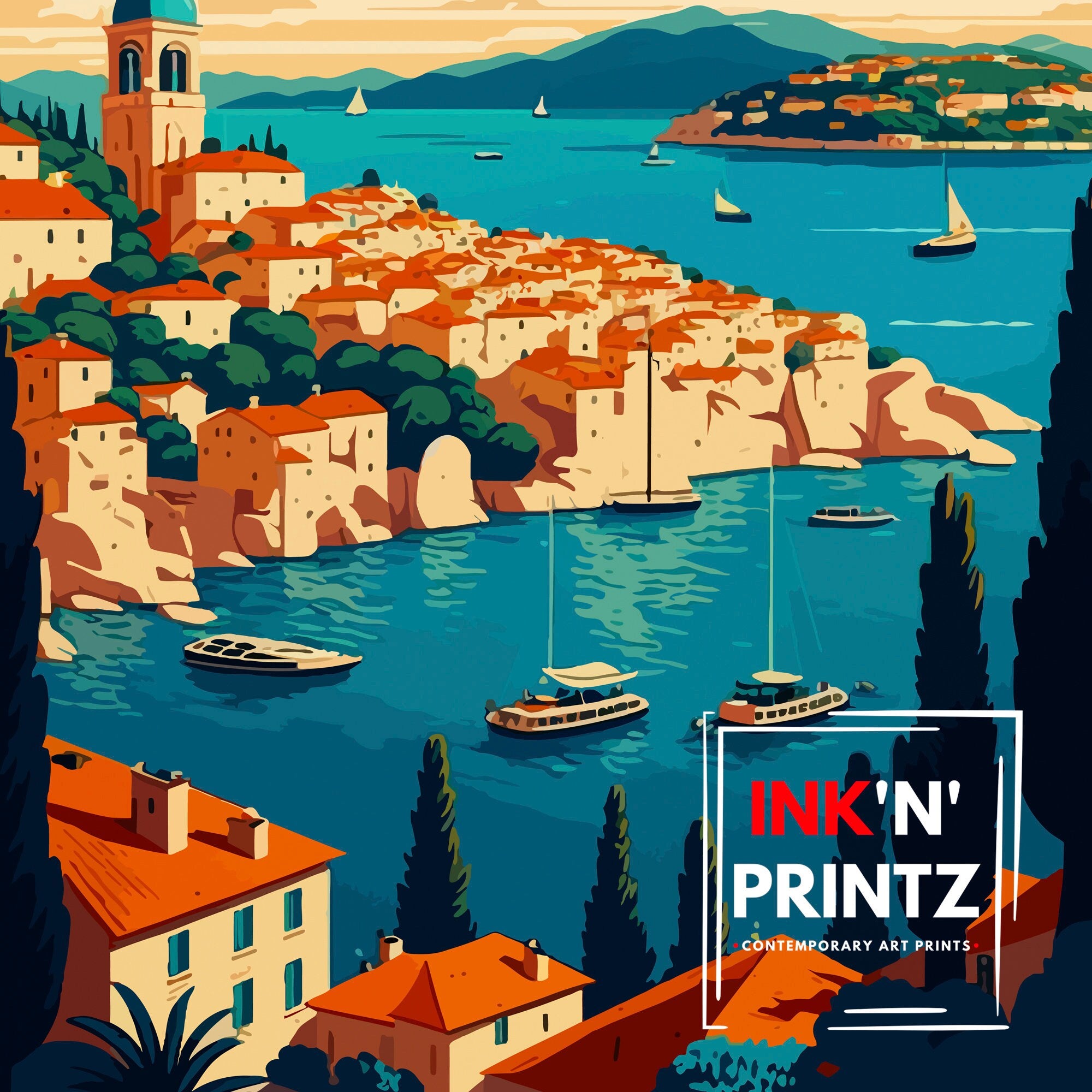 Hvar Croatia Illustration Print, Coastal Travel Poster
