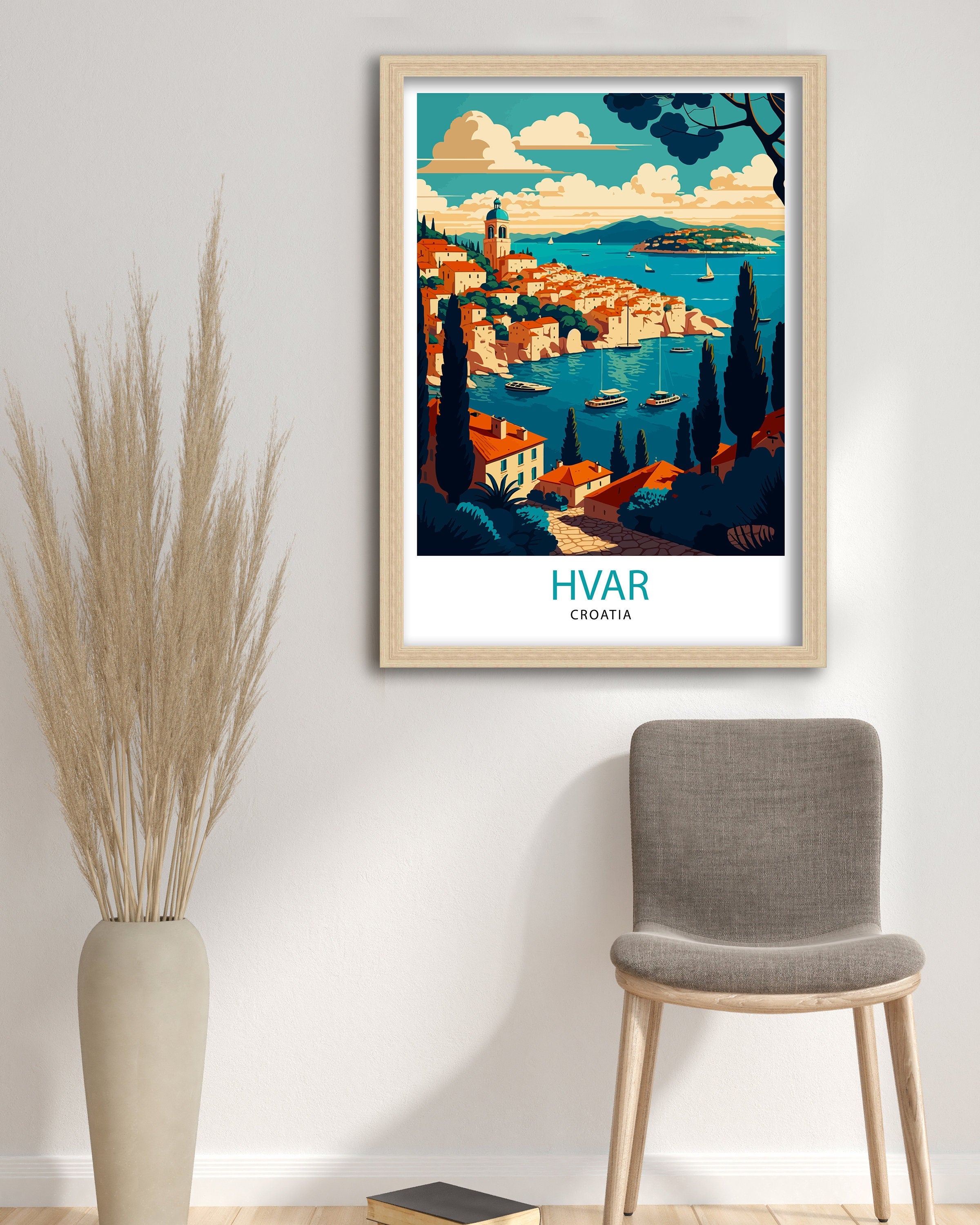 Hvar Croatia Illustration Print, Coastal Travel Poster