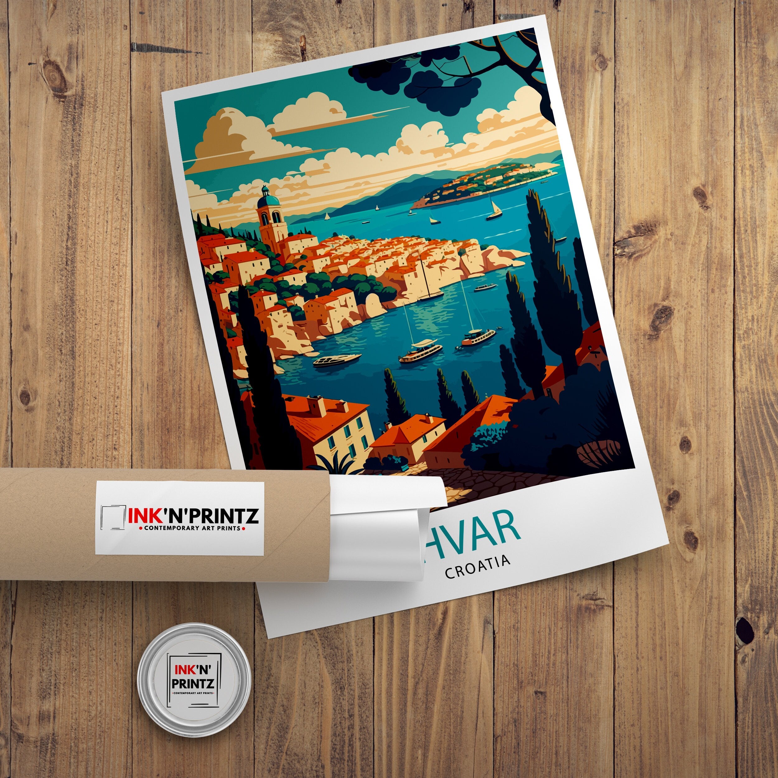 Hvar Croatia Illustration Print, Coastal Travel Poster