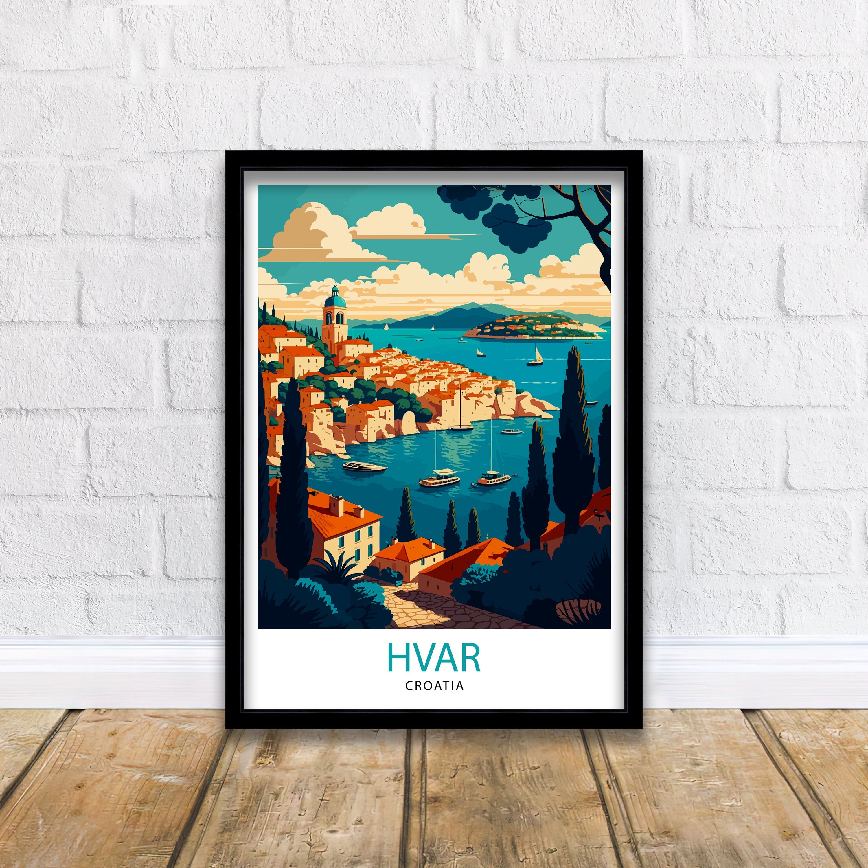 Hvar Croatia Illustration Print, Coastal Travel Poster