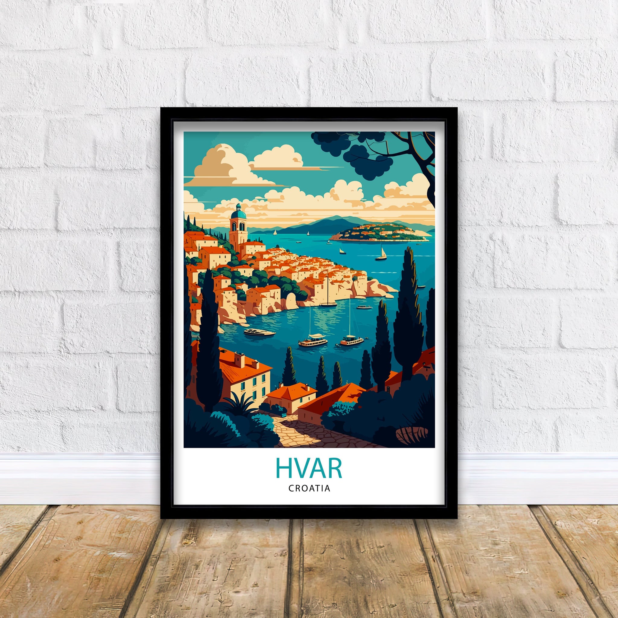 Hvar Croatia Illustration Print, Coastal Travel Poster