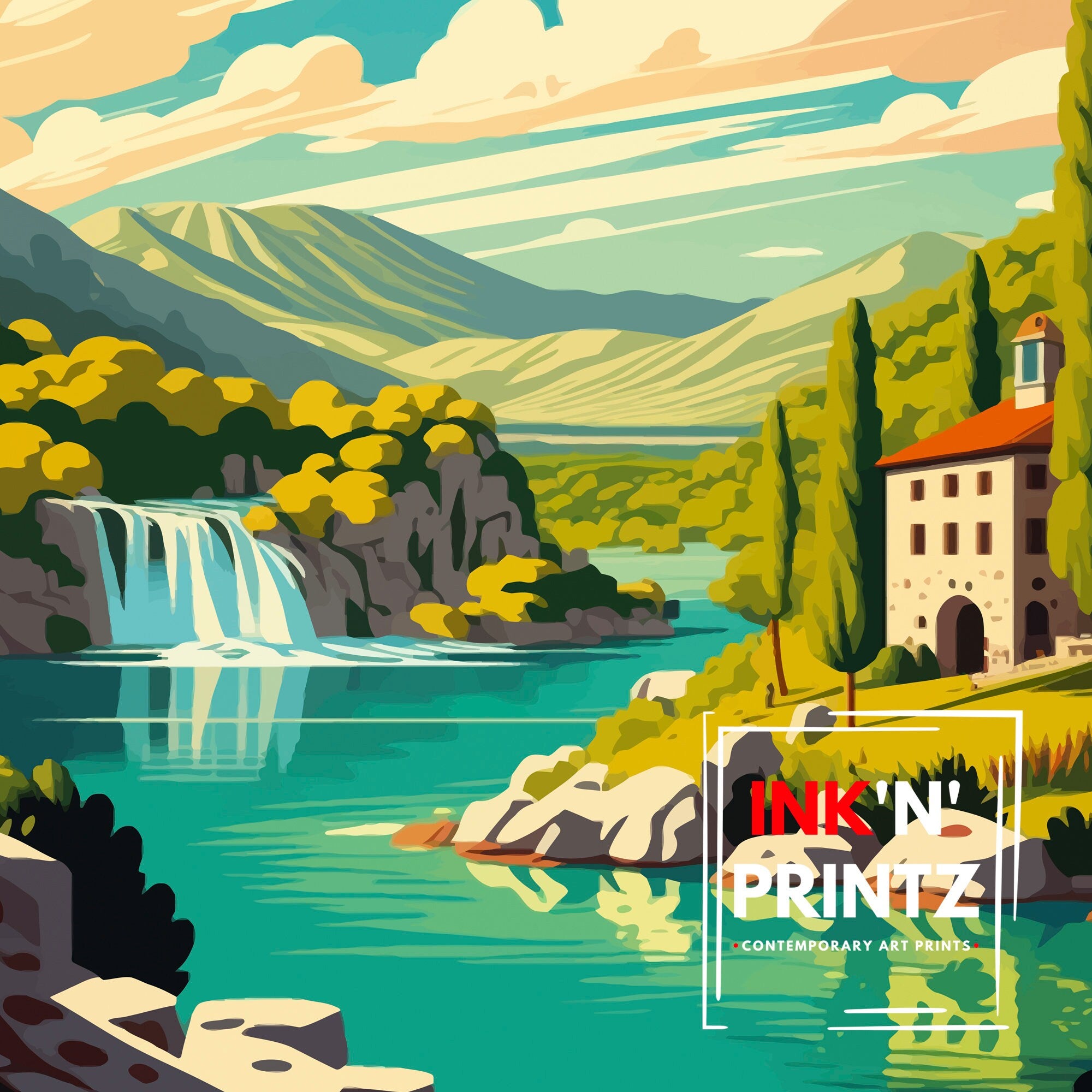Krka Waterfalls Travel Poster, Croatia National Park Art Print