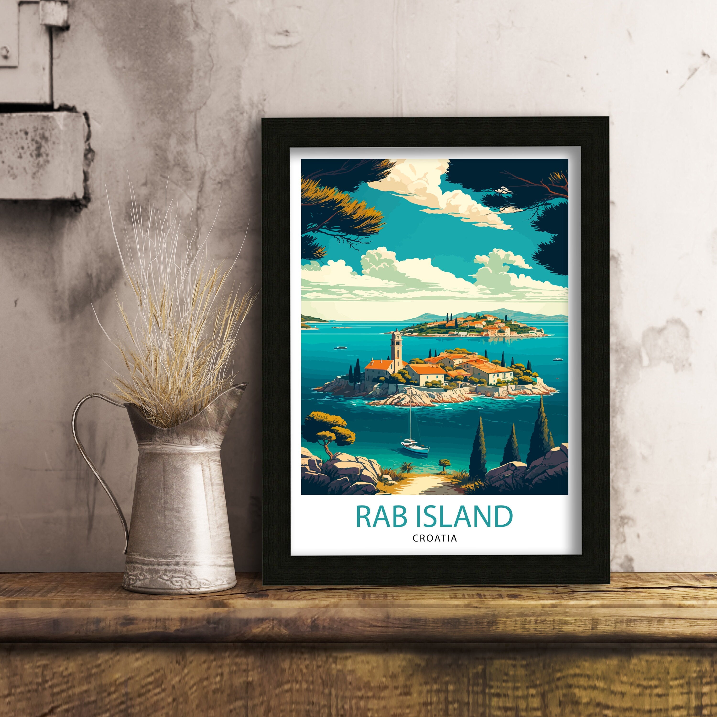 Rab Island Croatia Travel Poster, Coastal Illustration Art Print