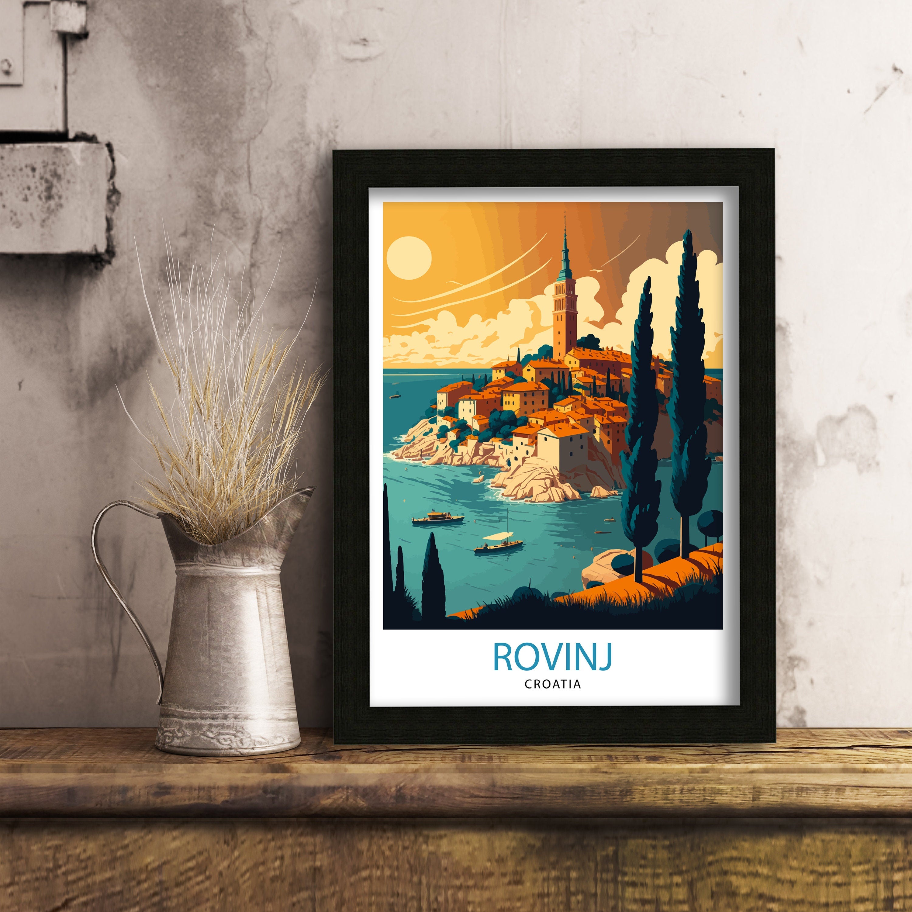 Rovinj Croatia Art Print, Mediterranean Coastal Illustration