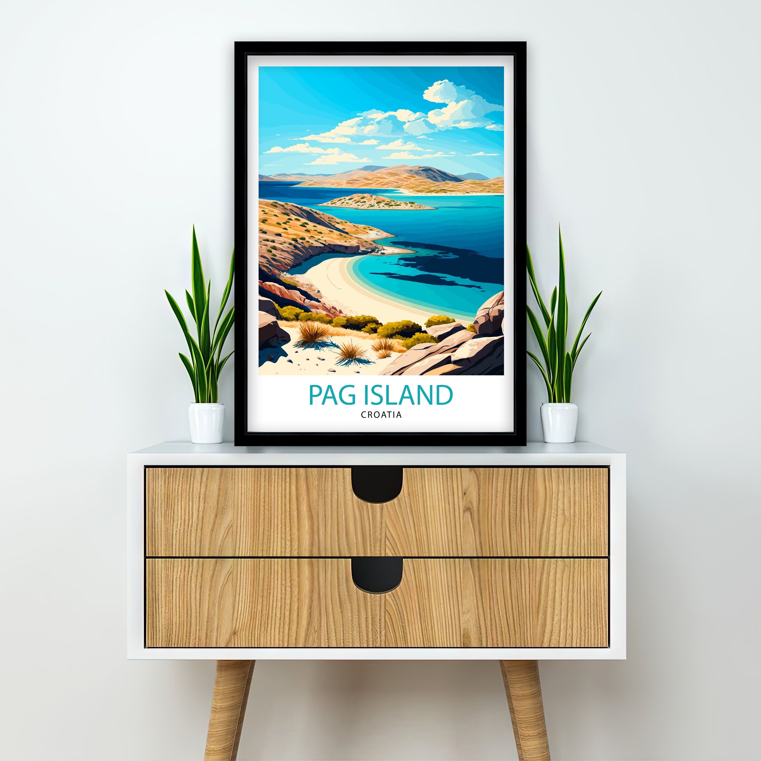 Pag Island Croatia Travel Print, Coastal Illustration