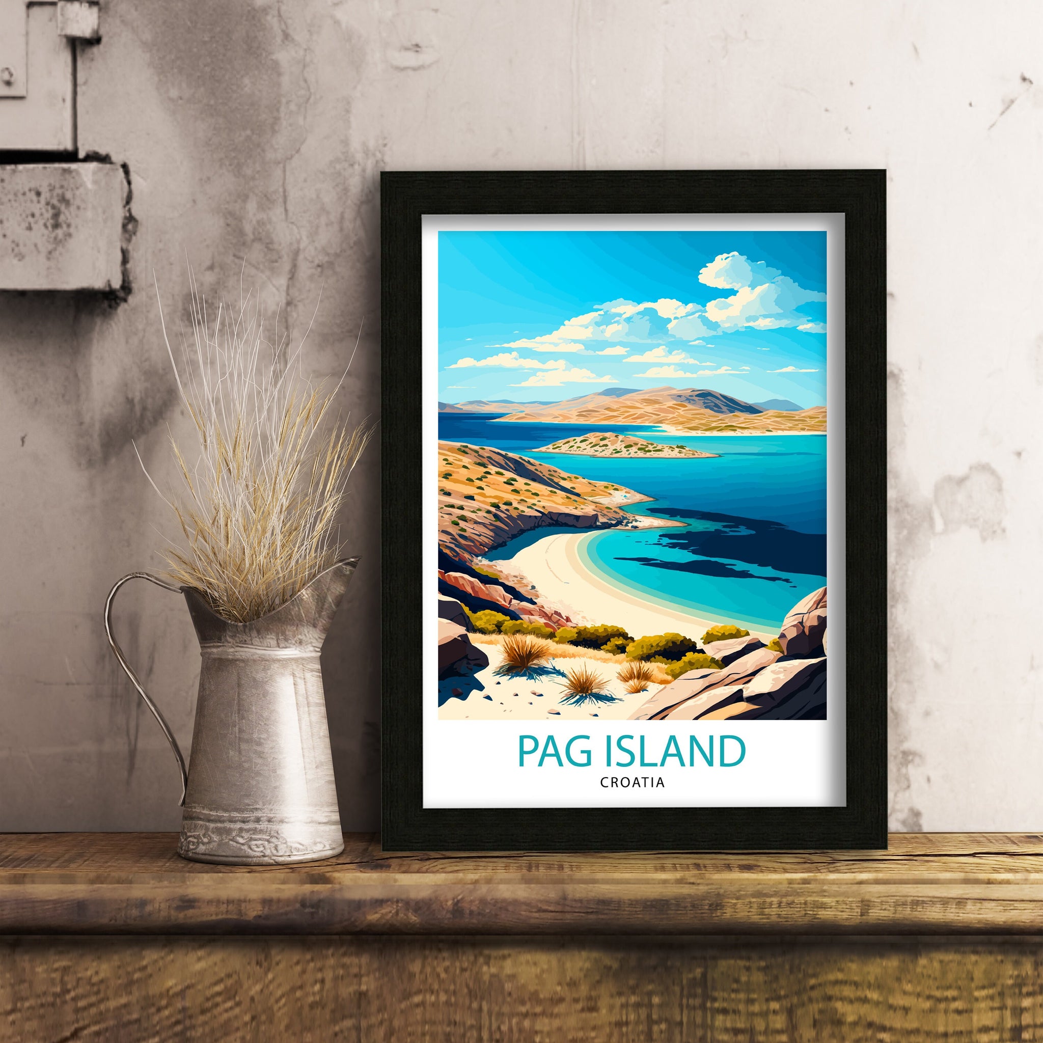 Pag Island Croatia Travel Print, Coastal Illustration