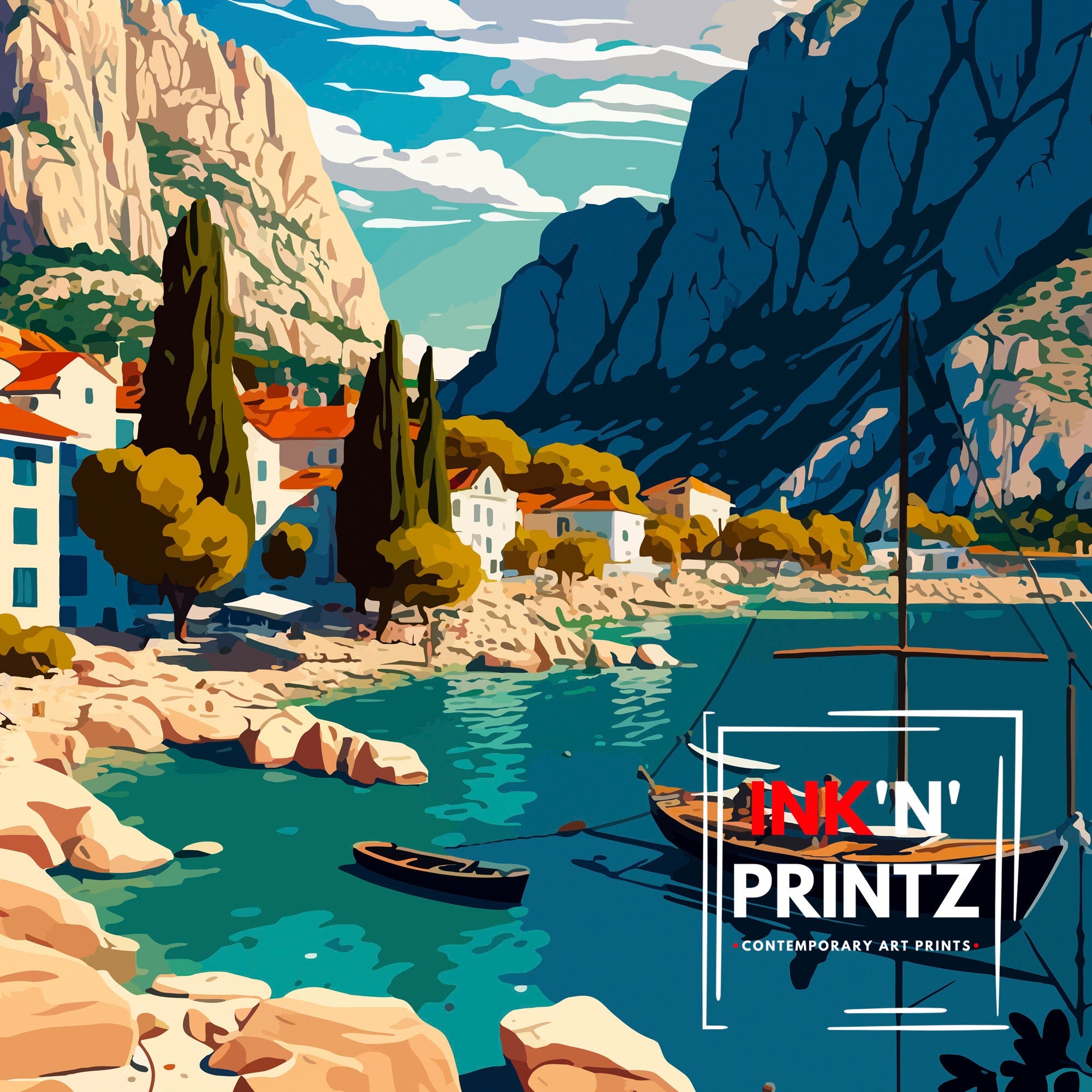 Omis Croatia Travel Poster, Coastal Town Art Print