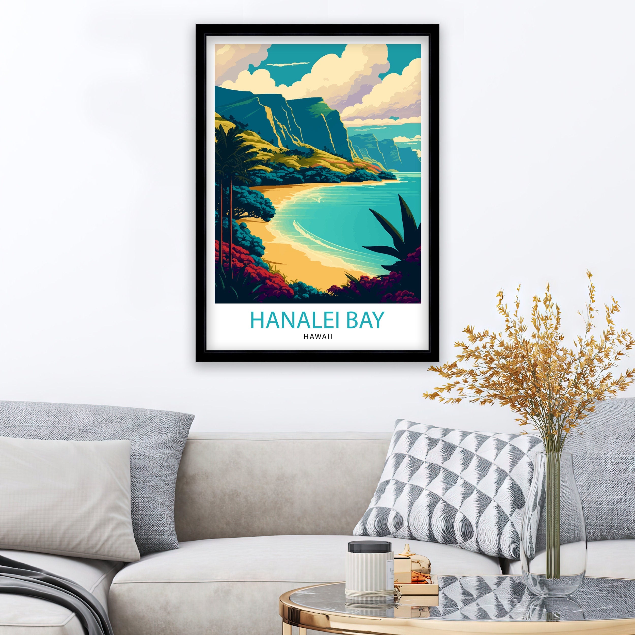 Hanalei Bay Hawaii Travel Poster, Tropical Wall Art