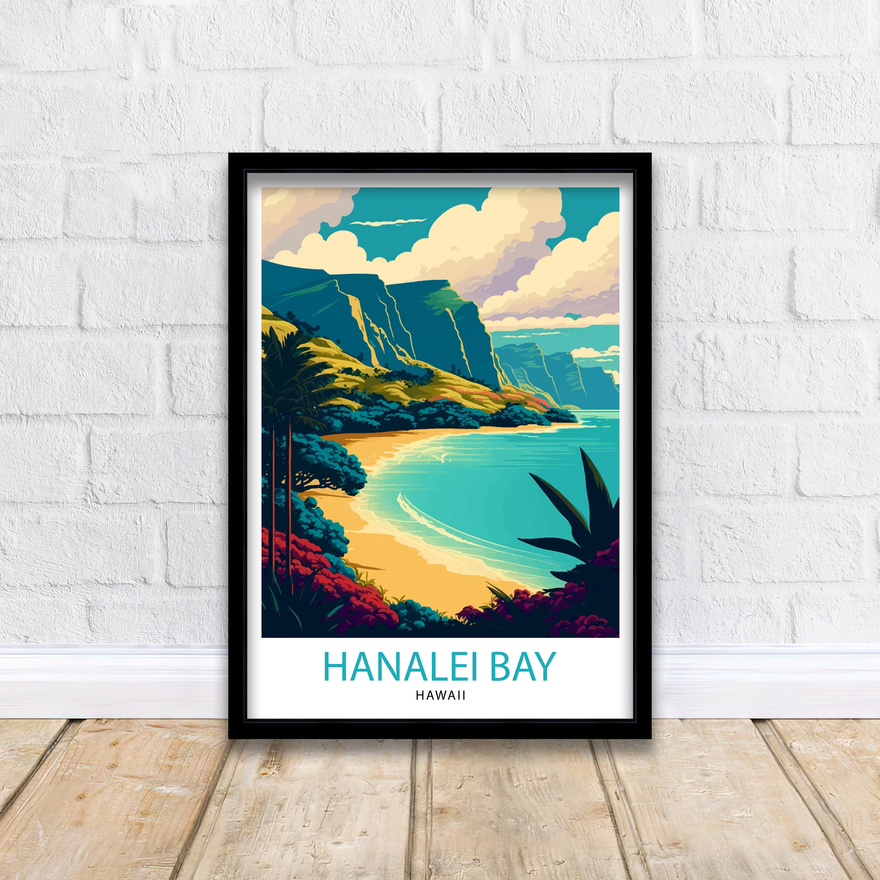 Hanalei Bay Hawaii Travel Poster, Tropical Wall Art