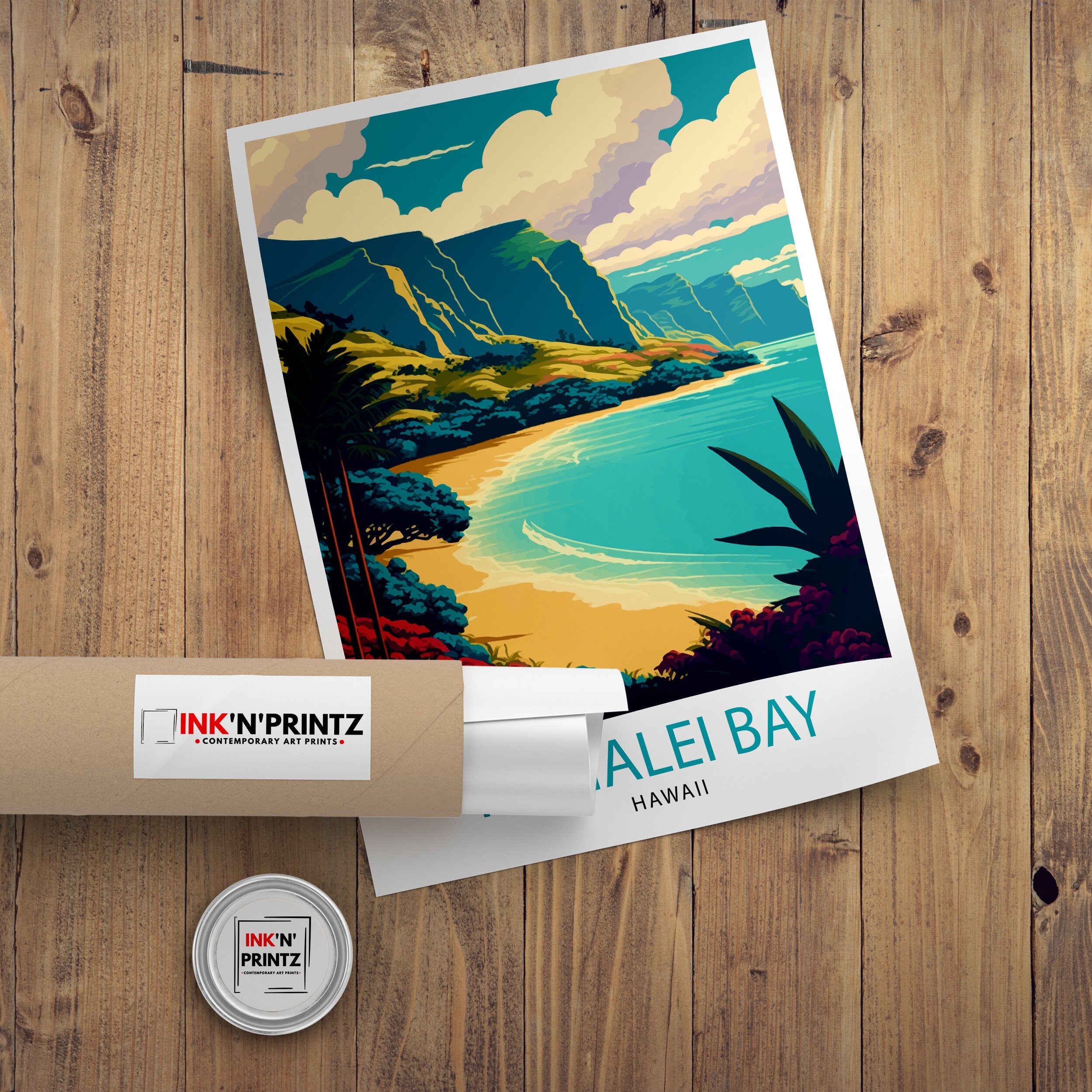 Hanalei Bay Hawaii Travel Poster, Tropical Wall Art