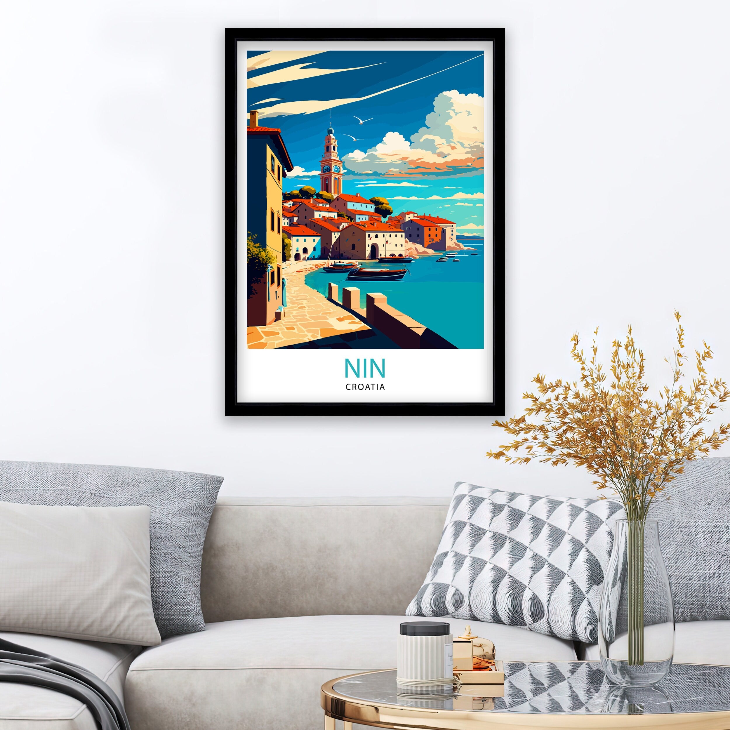 Nin Croatia Travel Poster, Coastal Illustration