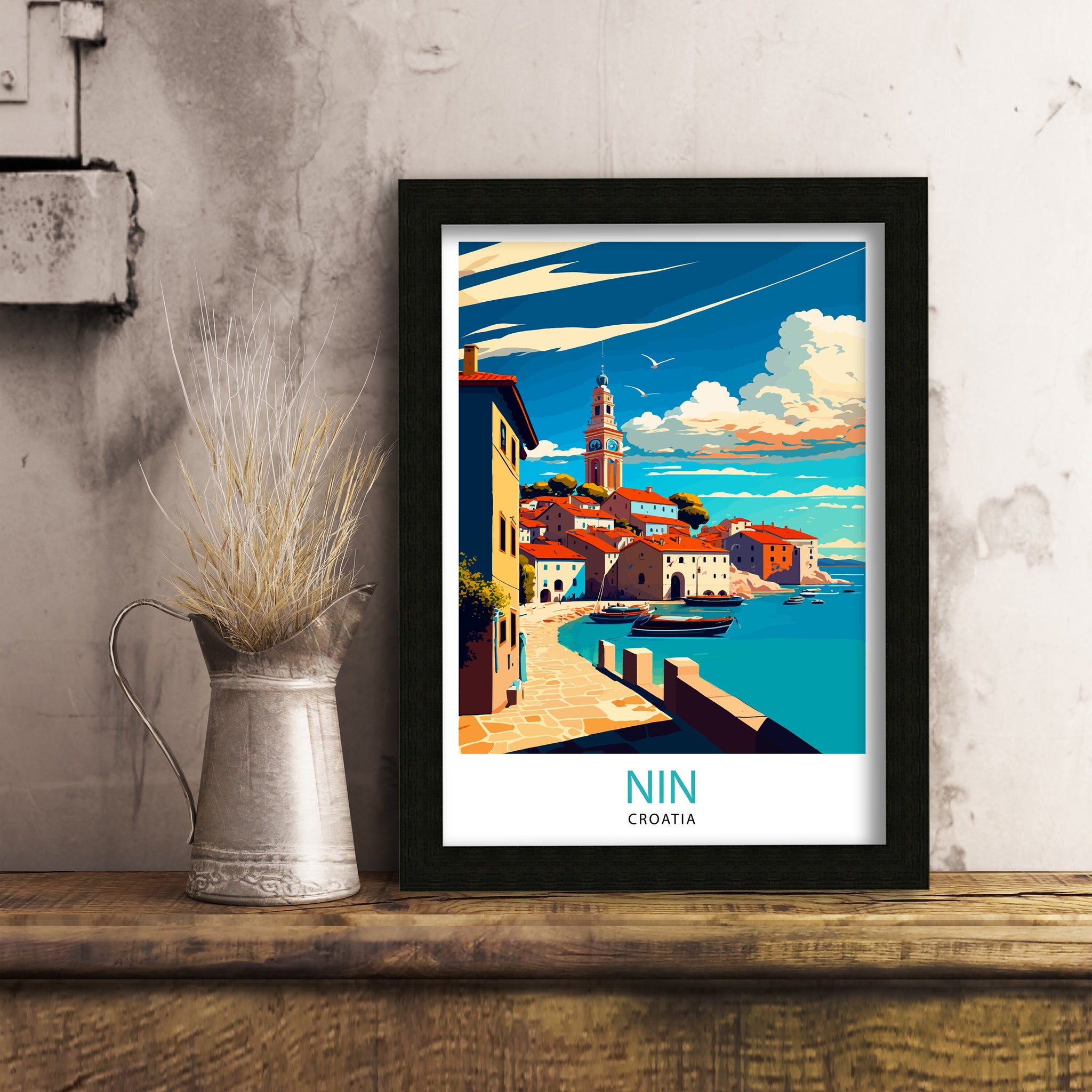 Nin Croatia Travel Poster, Coastal Illustration