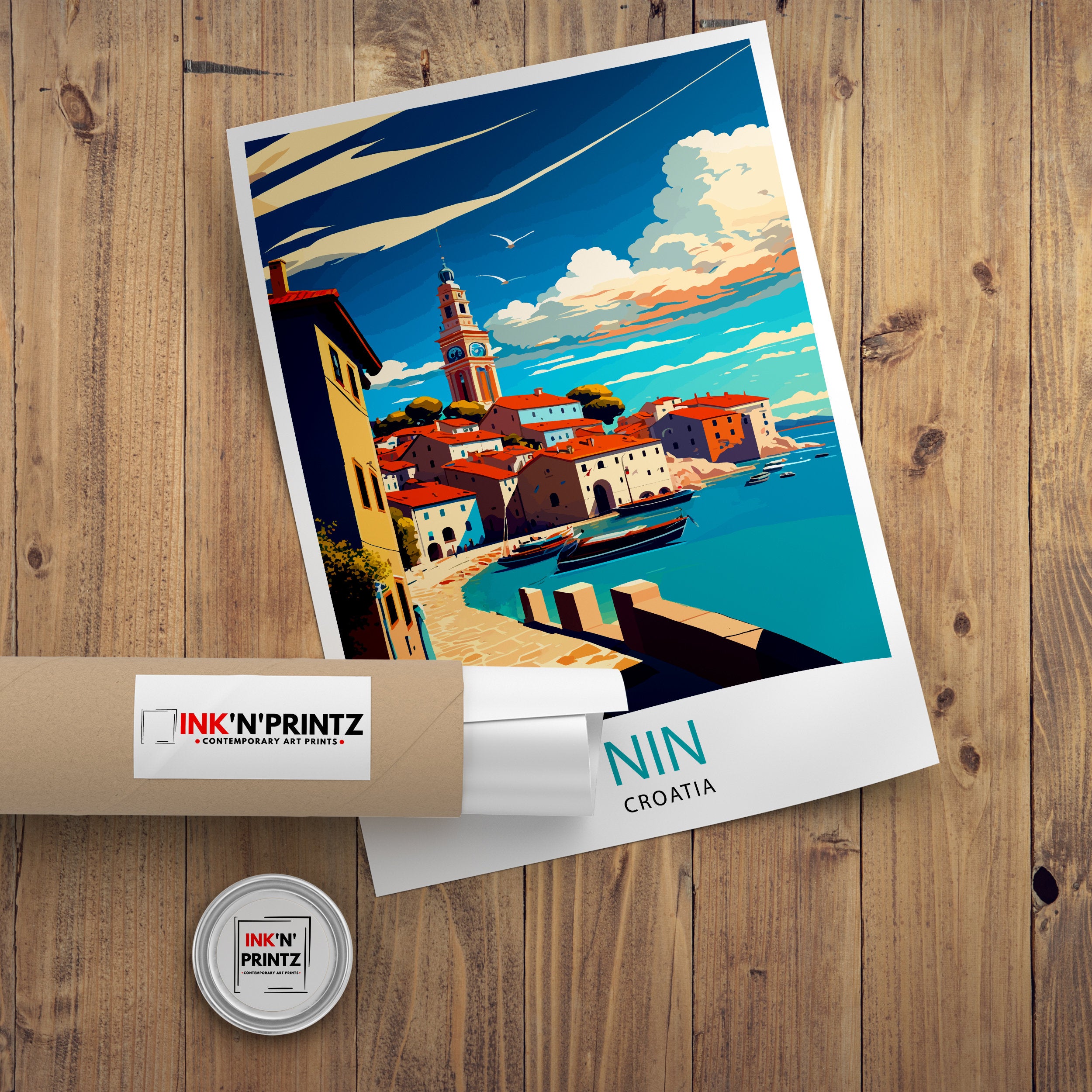Nin Croatia Travel Poster, Coastal Illustration
