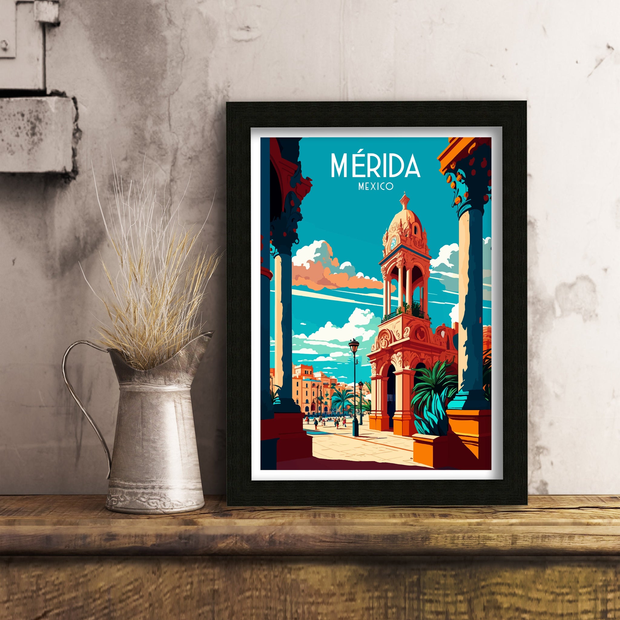 Merida Mexico Travel Poster, Vibrant City Illustration Print
