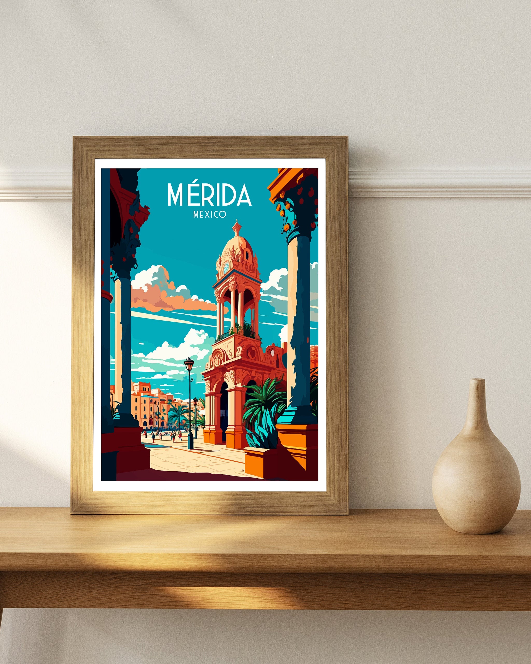 Merida Mexico Travel Poster, Vibrant City Illustration Print