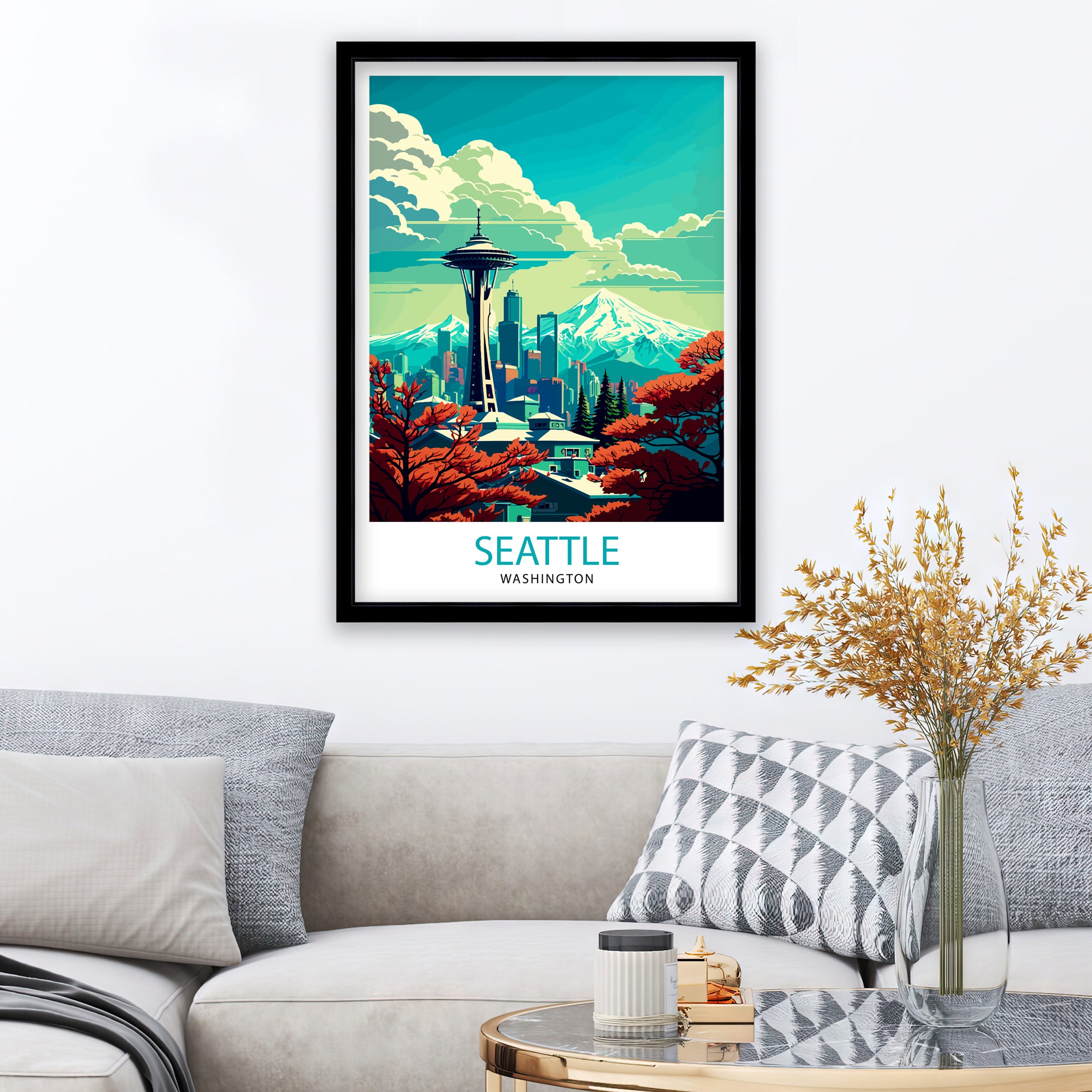 Seattle Travel Poster Print: Emerald City Skyline Art