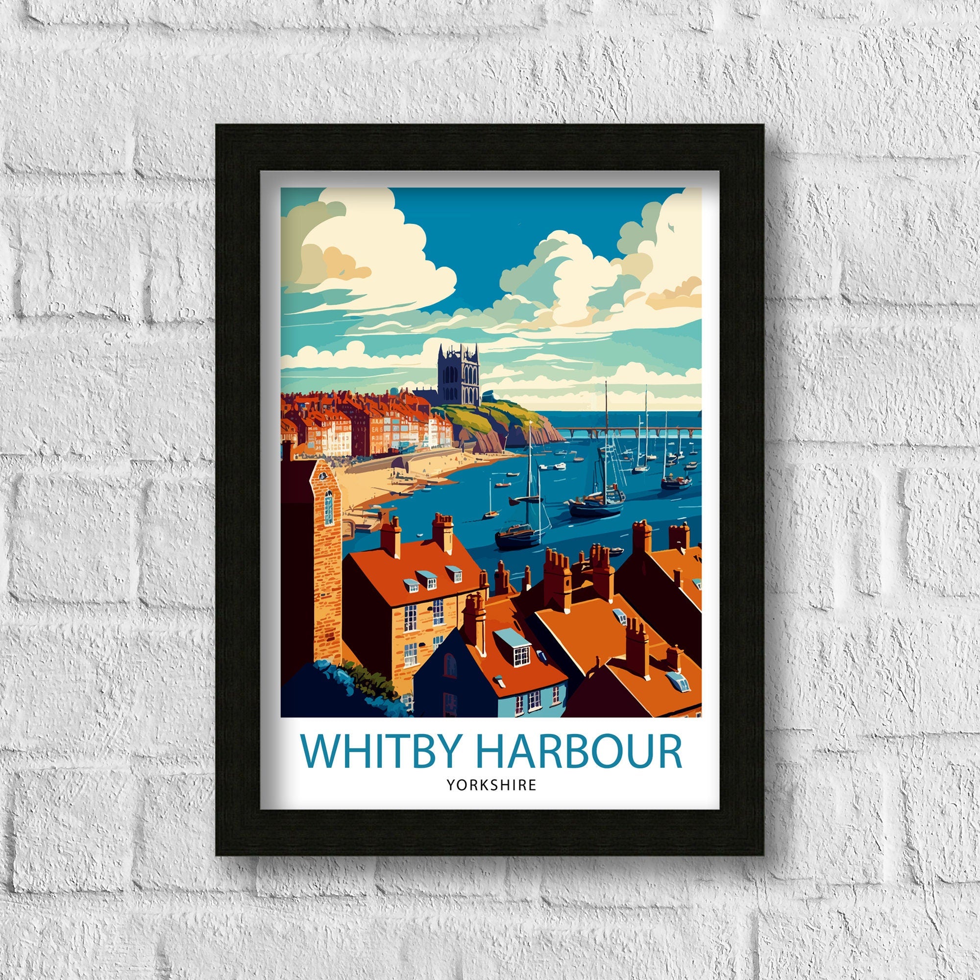 Whitby Harbour Illustration Print, Coastal UK Travel Poster