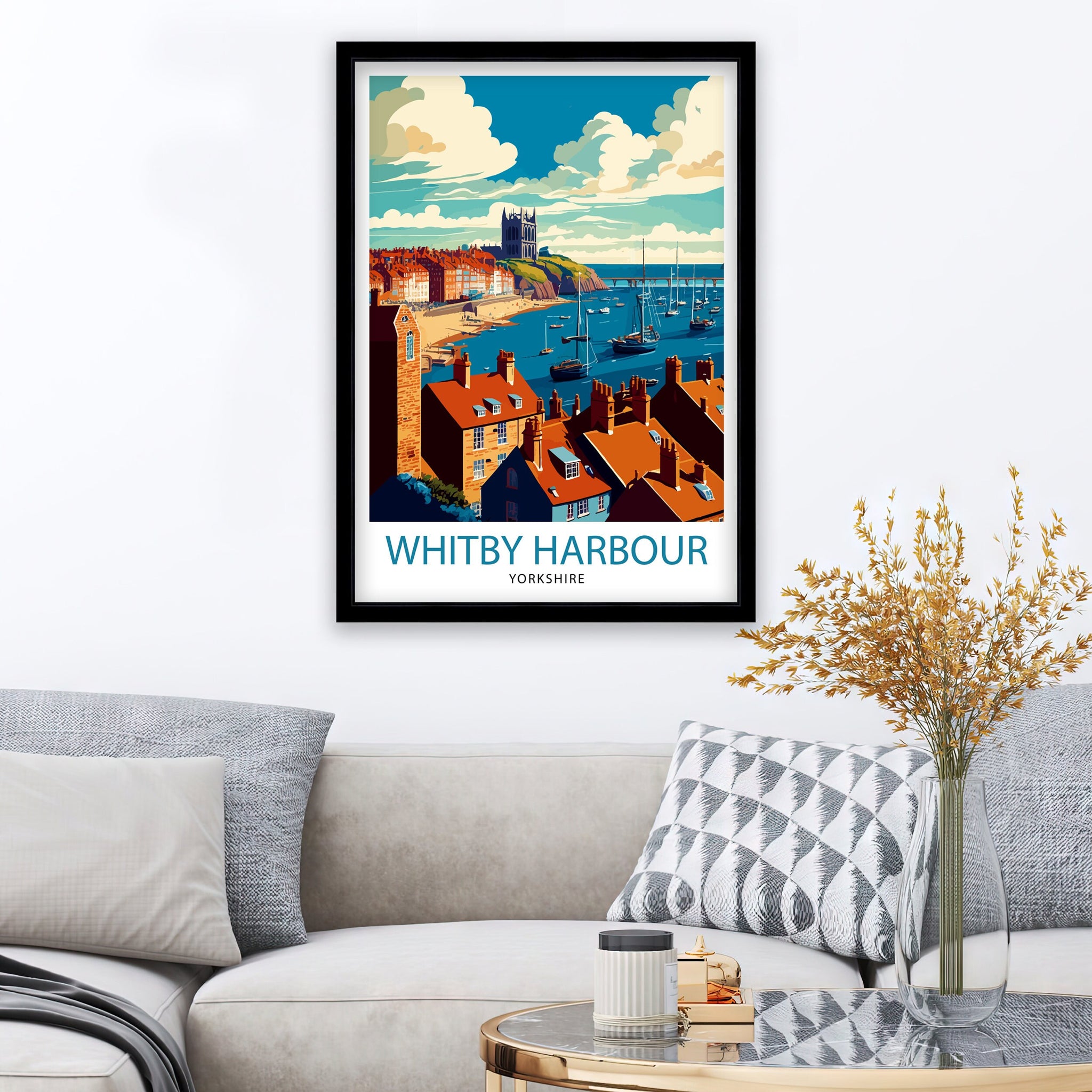 Whitby Harbour Illustration Print, Coastal UK Travel Poster