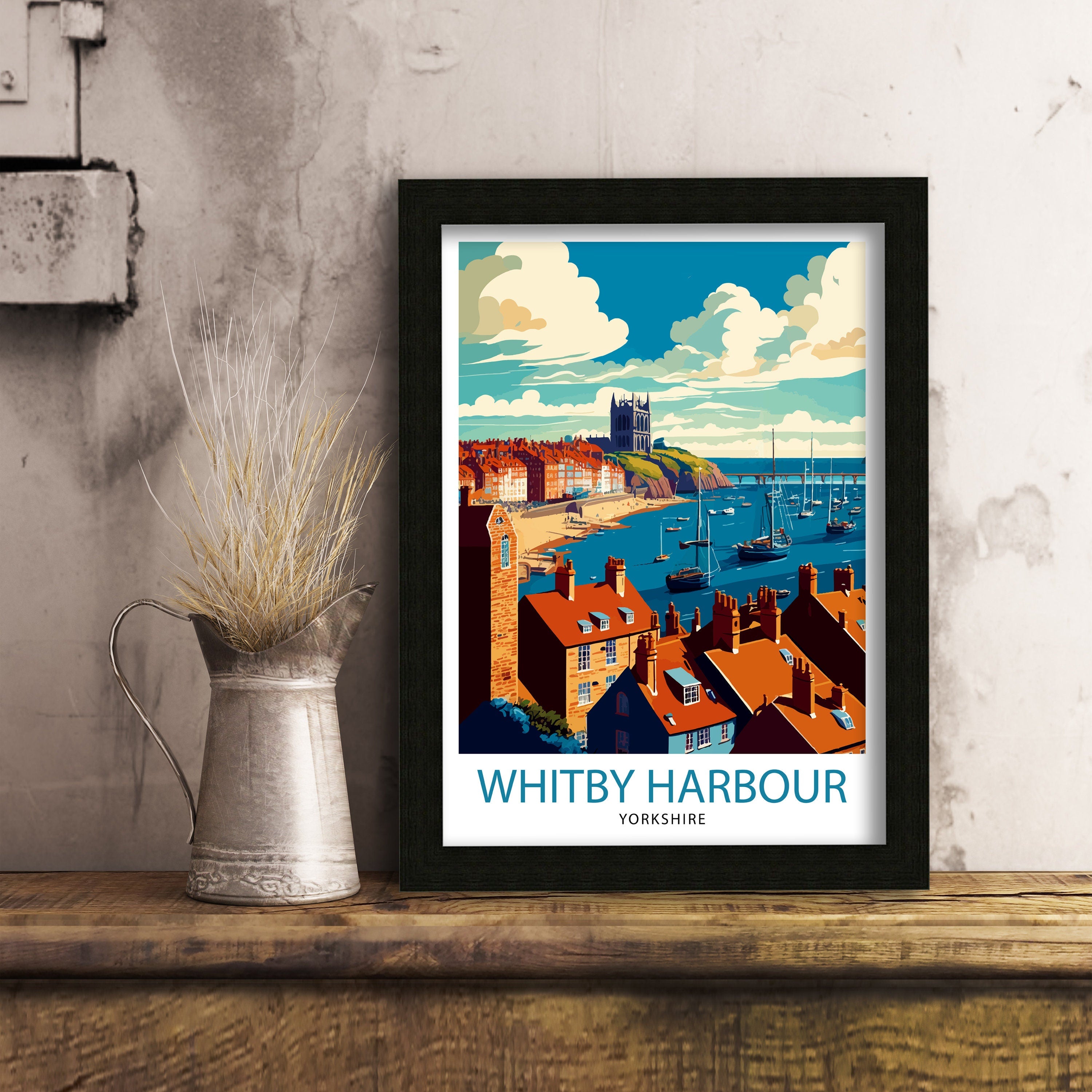 Whitby Harbour Illustration Print, Coastal UK Travel Poster
