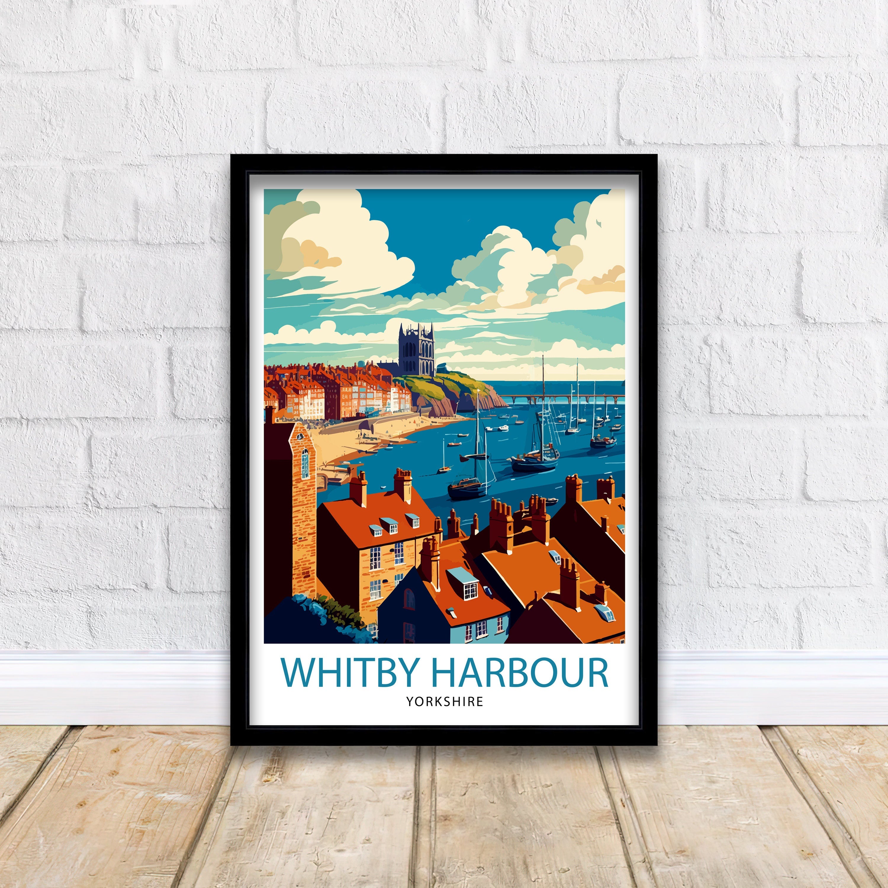 Whitby Harbour Illustration Print, Coastal UK Travel Poster