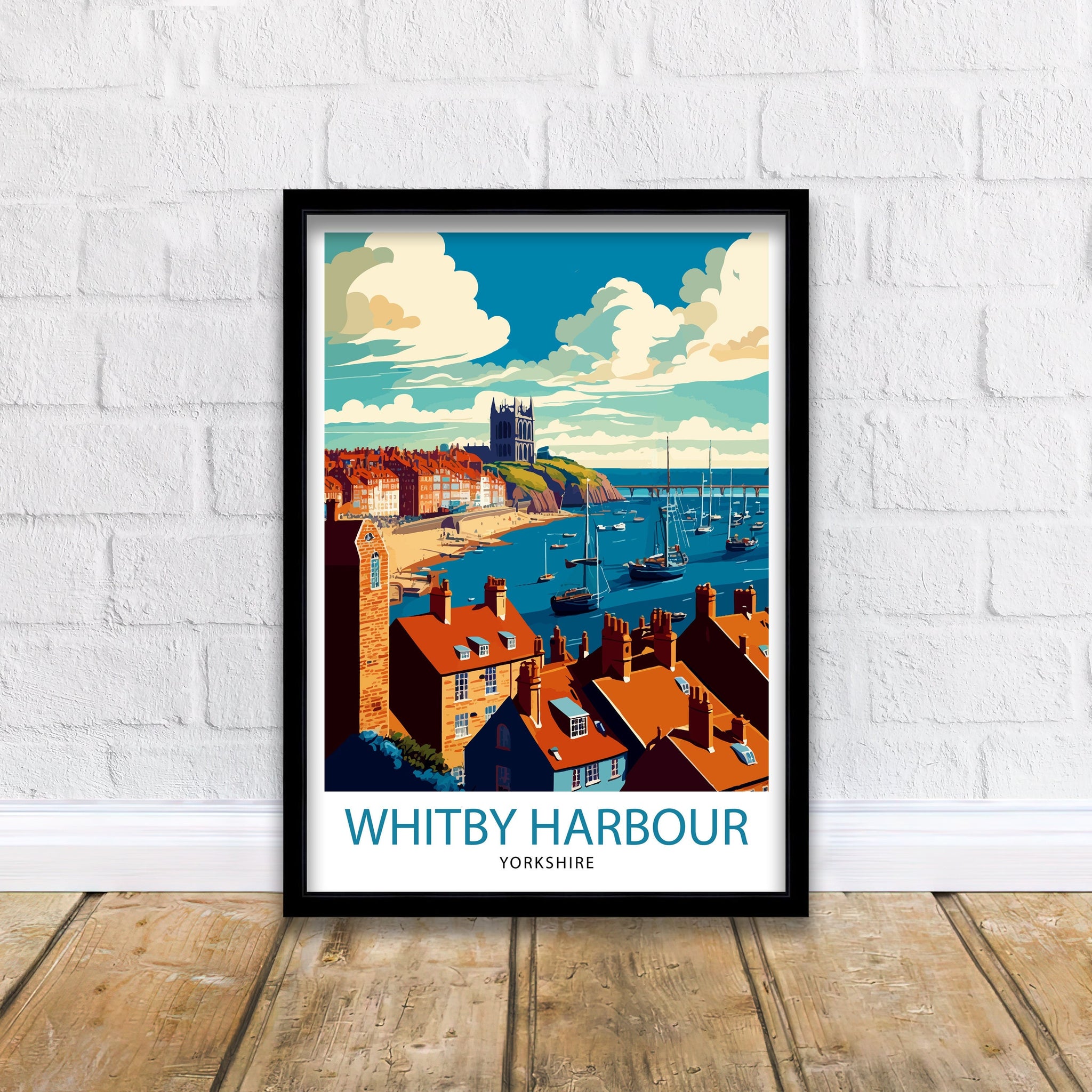 Whitby Harbour Illustration Print, Coastal UK Travel Poster