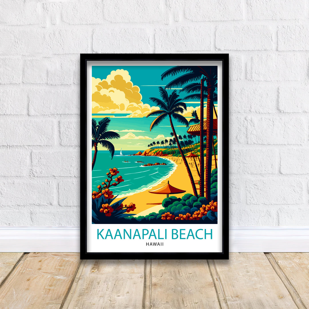 Kaanapali Beach Travel Poster Hawaii Wall Art Maui Island Decor Kaanapali Beach Illustration Travel Poster Gift Beach House Decor