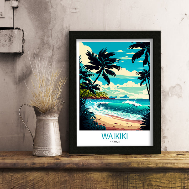 Waikiki Travel Poster Waikiki Wall Art Hawaii Poster Waikiki Beach Poster Travel Decor Hawaii Art Poster Waikiki Illustration