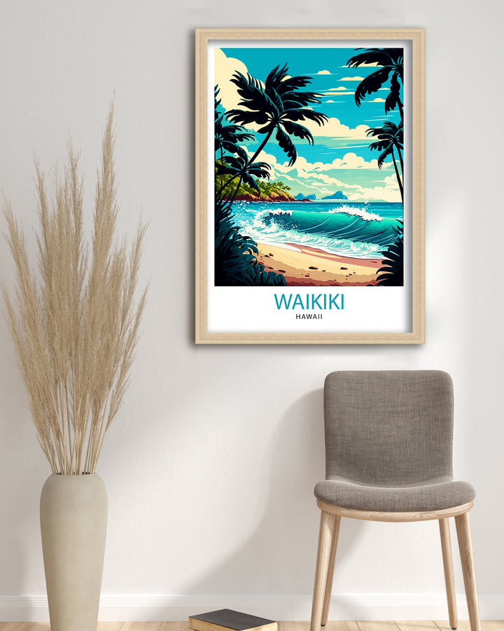 Waikiki Travel Poster Waikiki Wall Art Hawaii Poster Waikiki Beach Poster Travel Decor Hawaii Art Poster Waikiki Illustration