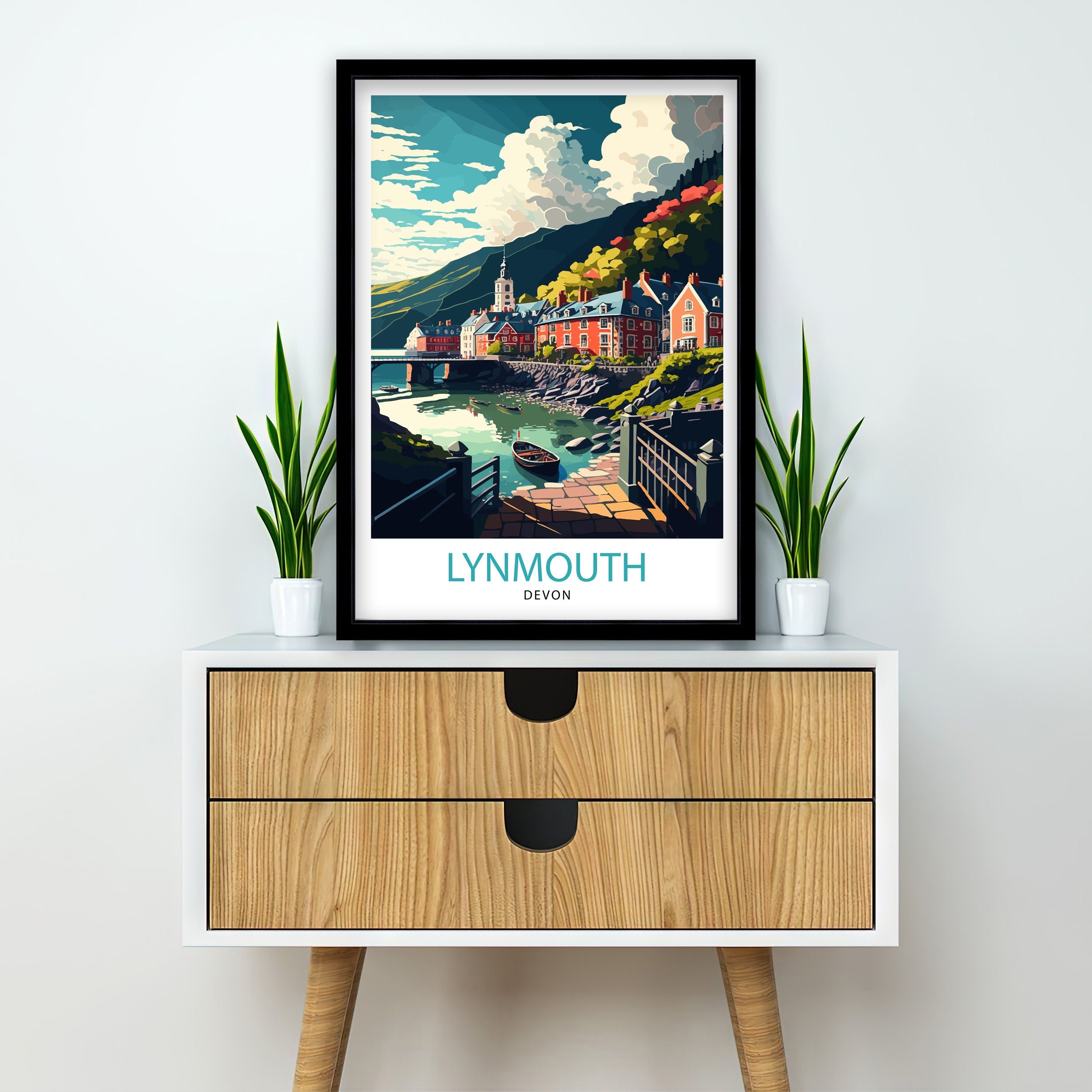 Lynmouth Devon Travel Poster, Seaside Village Art Print