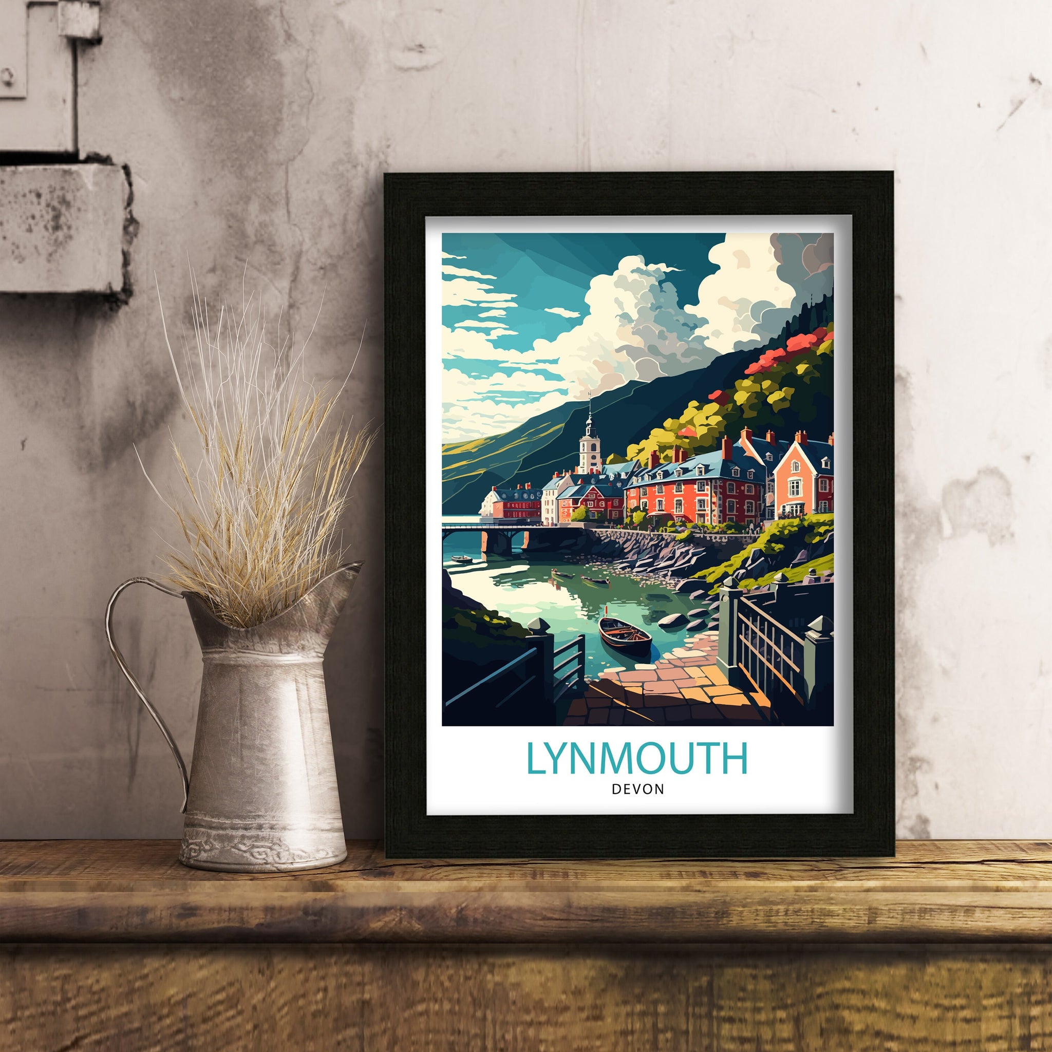 Lynmouth Devon Travel Poster, Seaside Village Art Print