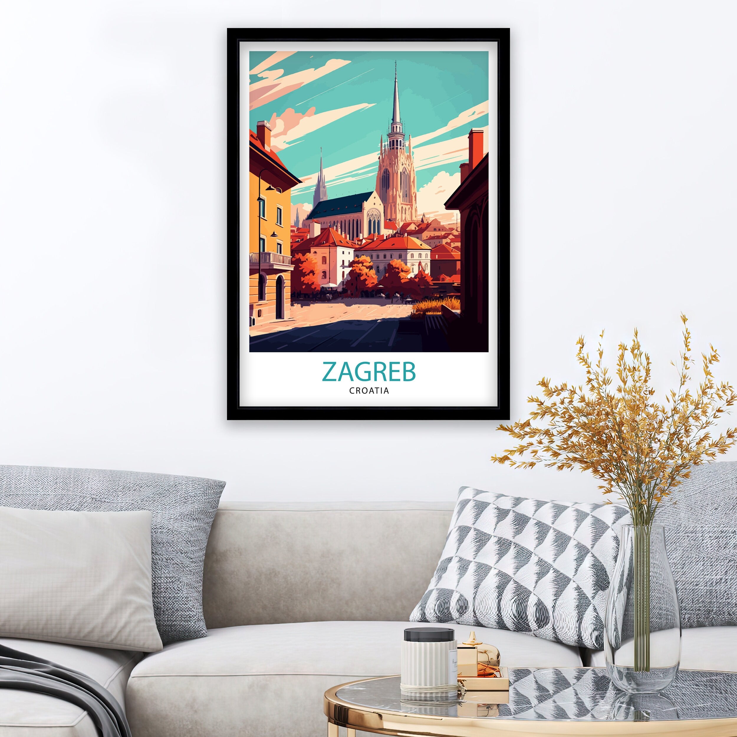 Zagreb Croatia Travel Poster, Illustrated City View