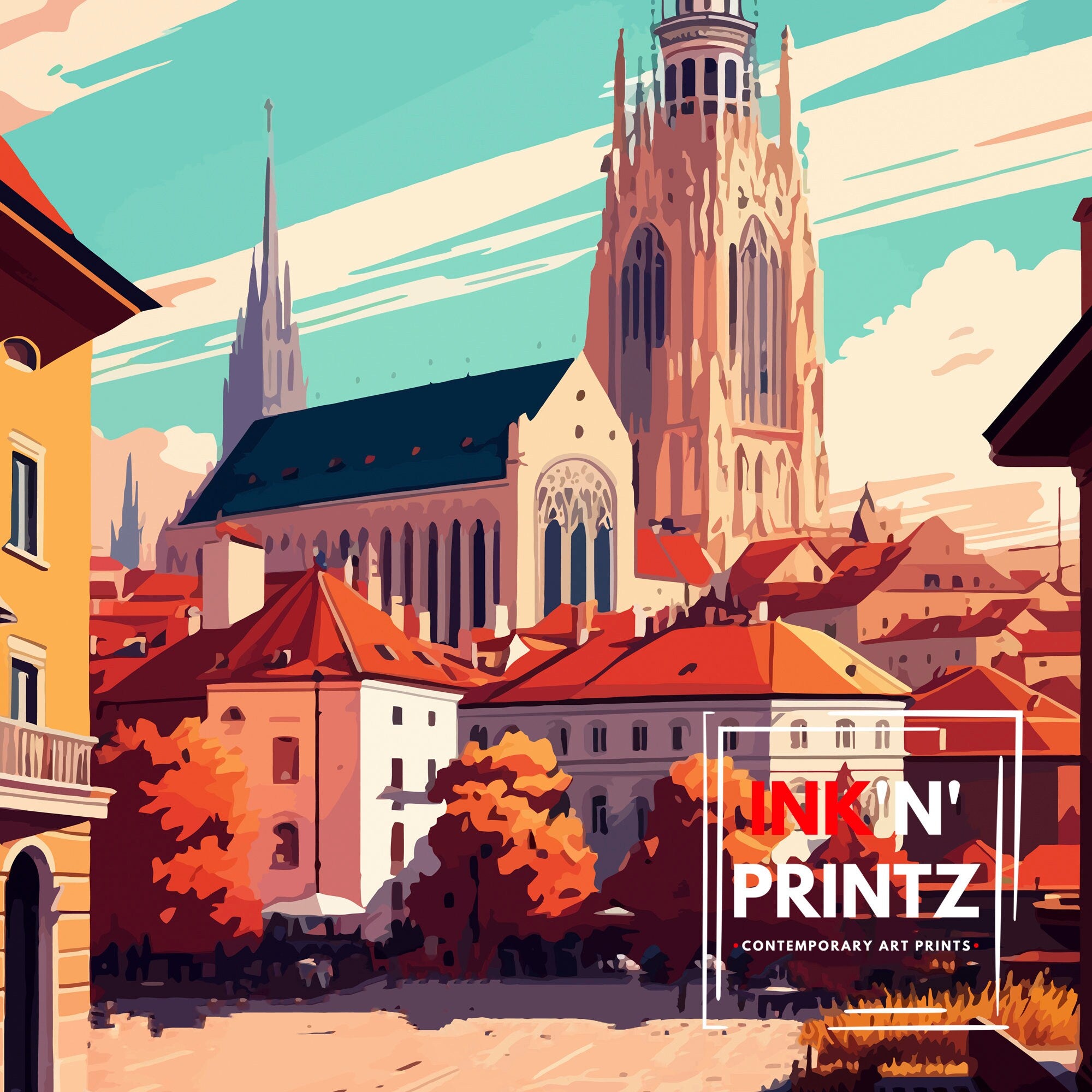 Zagreb Croatia Travel Poster, Illustrated City View