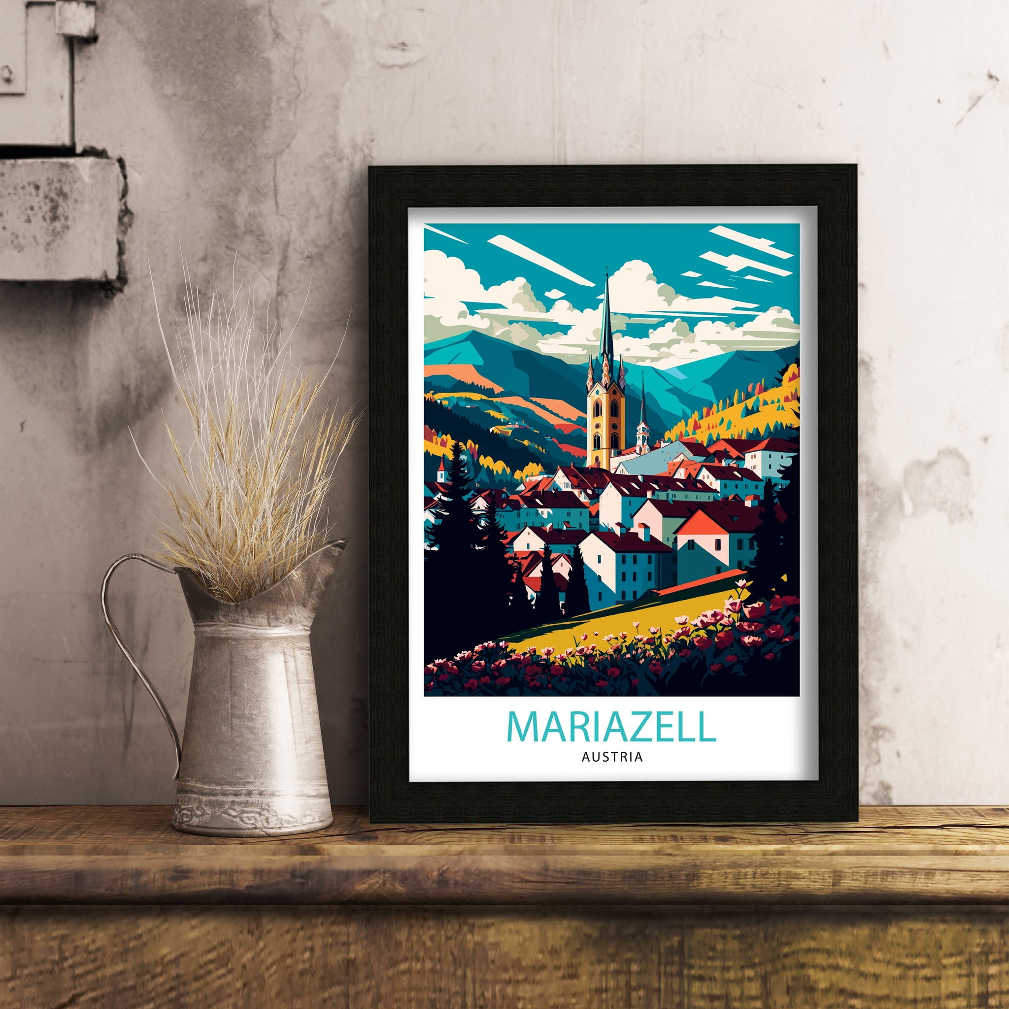 Mariazell Austria Travel Illustration Print, Austrian Home Decor