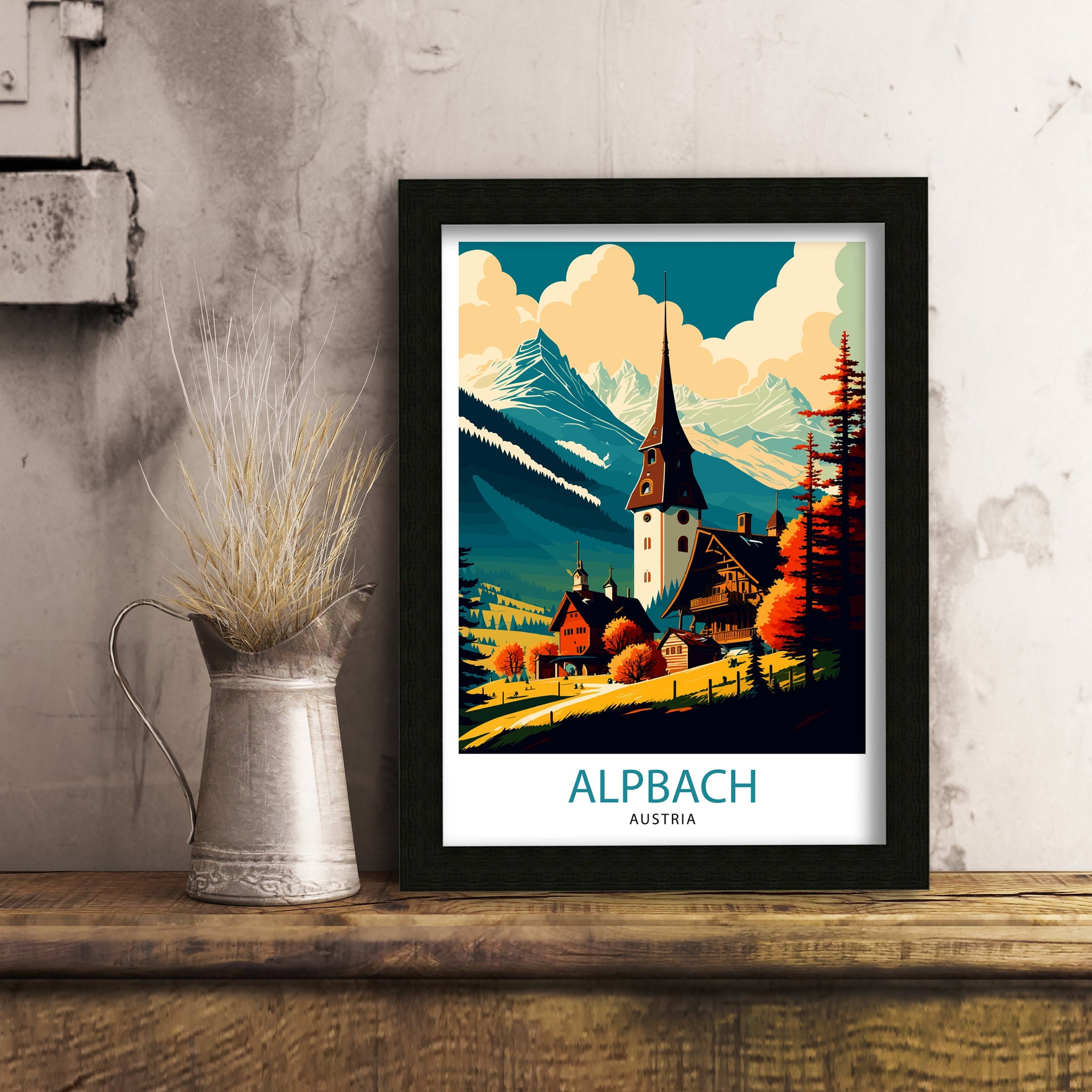 Alpbach Austria Travel Poster, Austrian Alps Home Decor