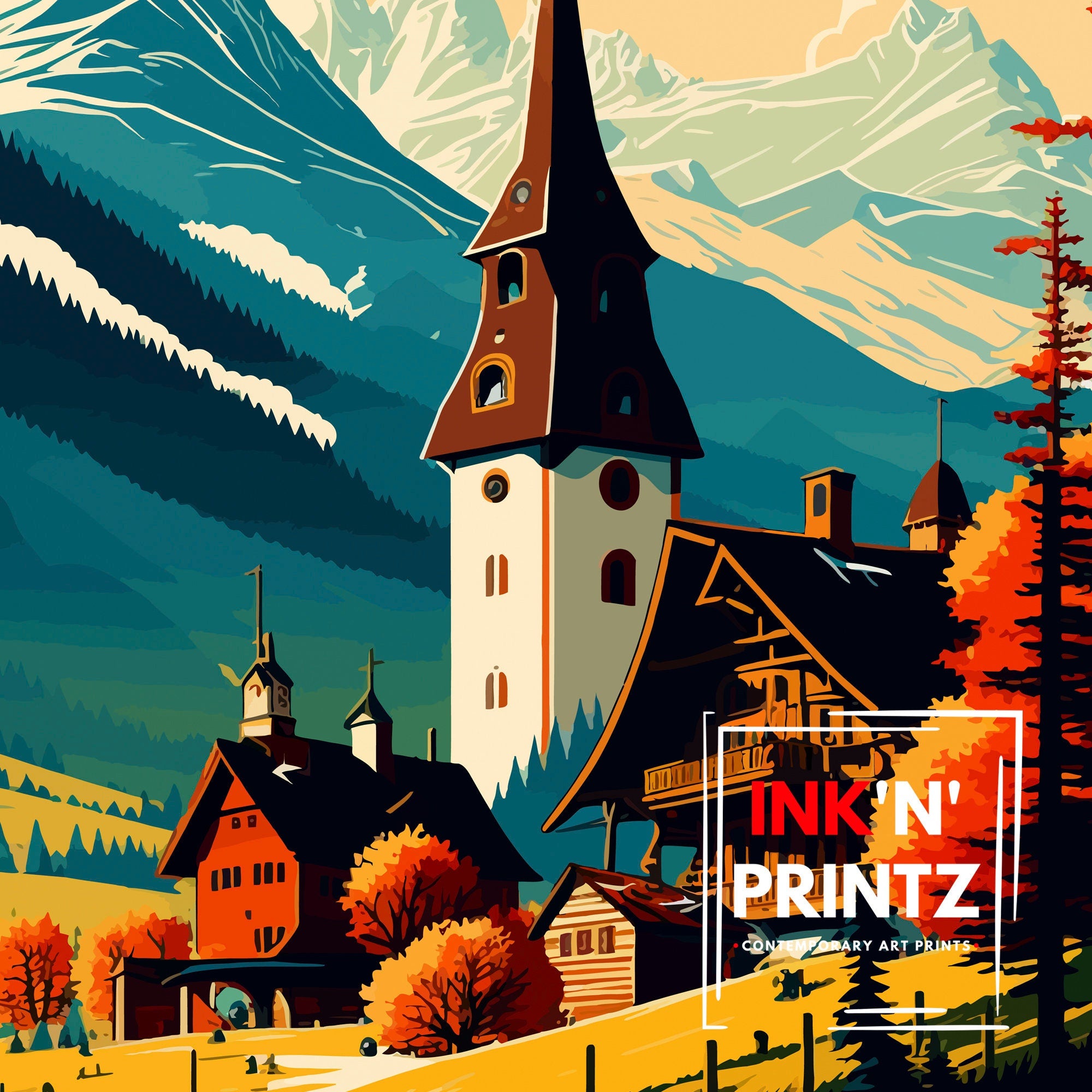 Alpbach Austria Travel Poster, Austrian Alps Home Decor