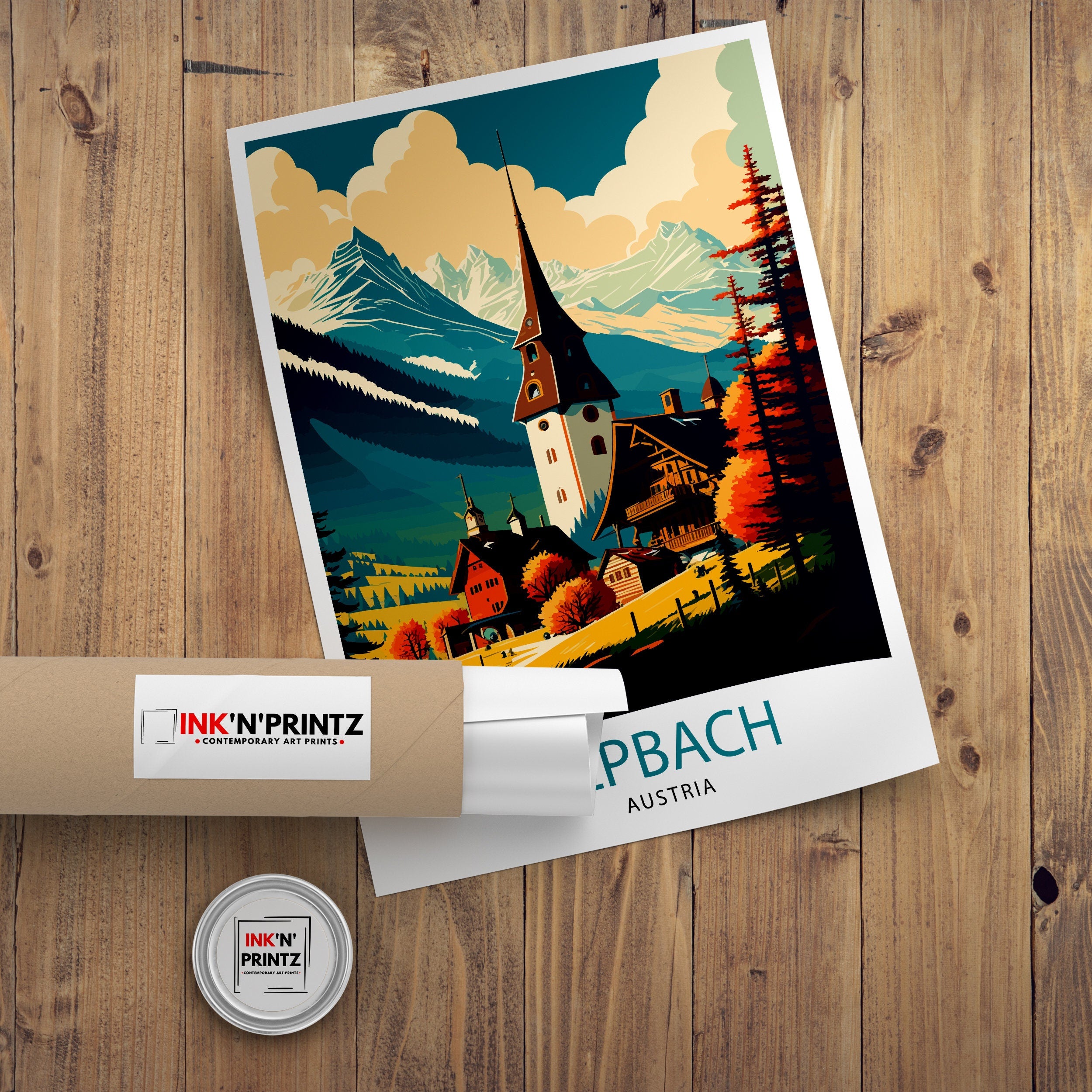 Alpbach Austria Travel Poster, Austrian Alps Home Decor