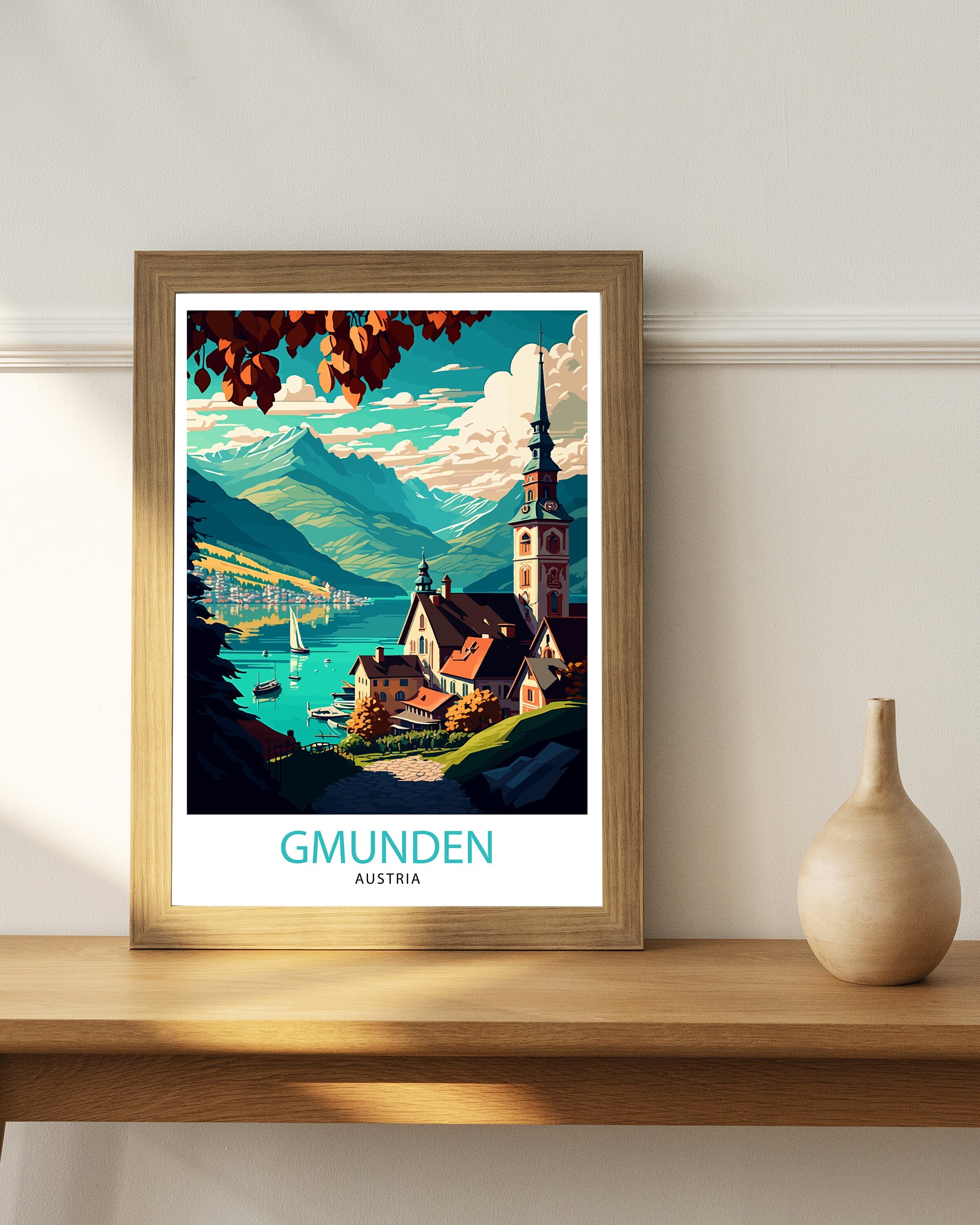 Gmunden Austria Travel Poster, Lake Traunsee Print