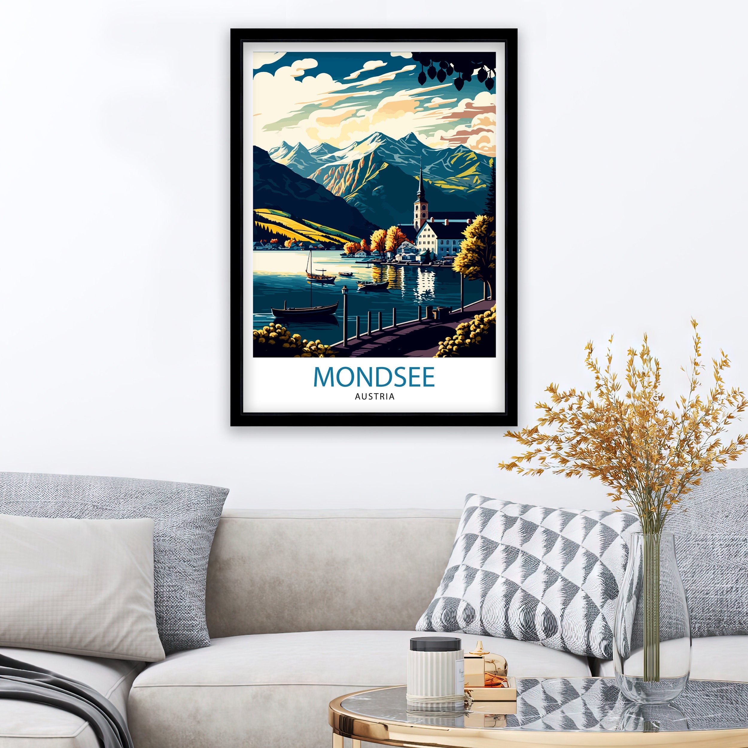 Mondsee Austria Travel Poster, Lake Illustration, Home Decor