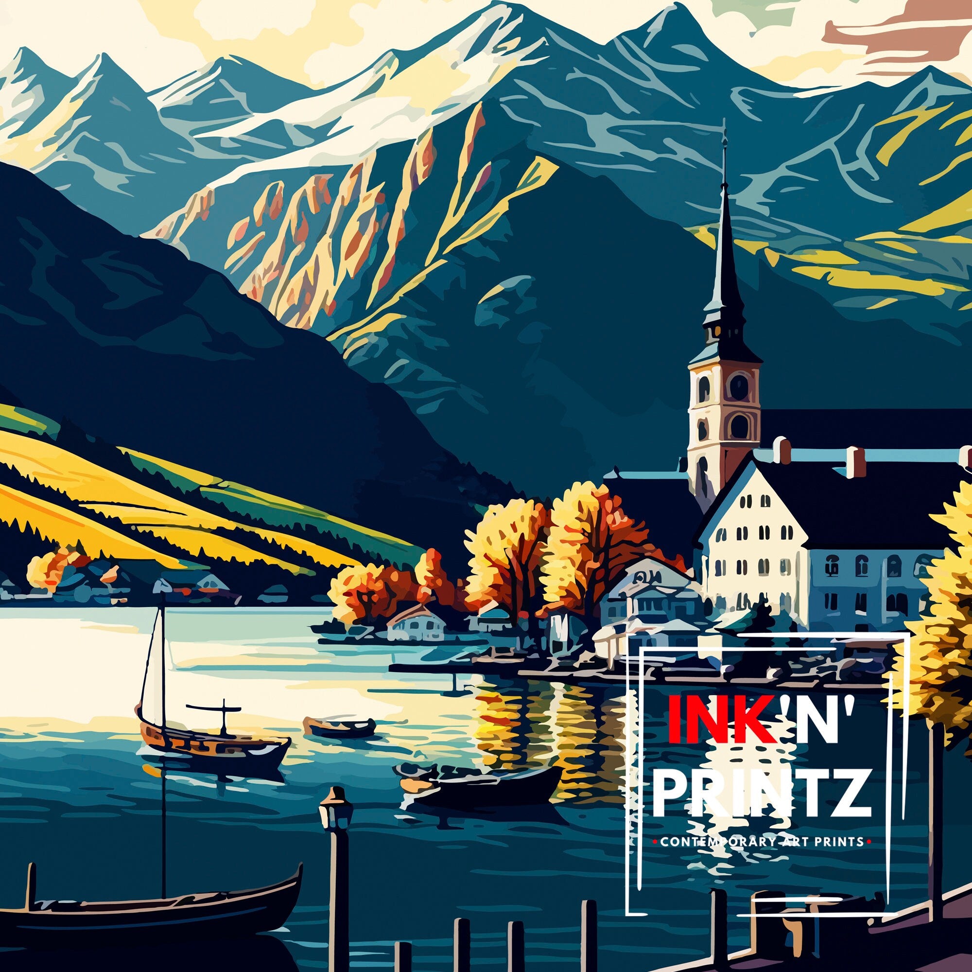 Mondsee Austria Travel Poster, Lake Illustration, Home Decor