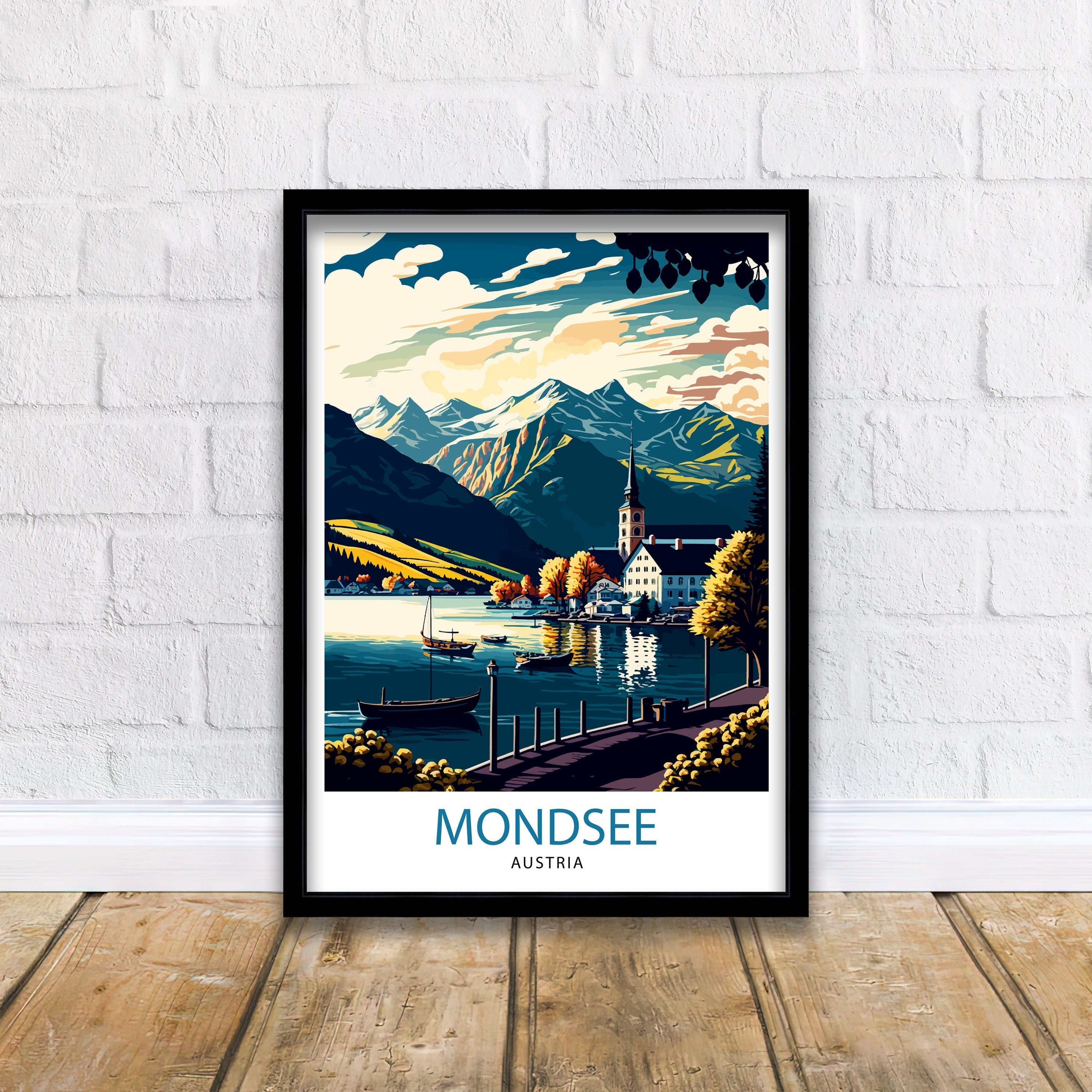Mondsee Austria Travel Poster, Lake Illustration, Home Decor