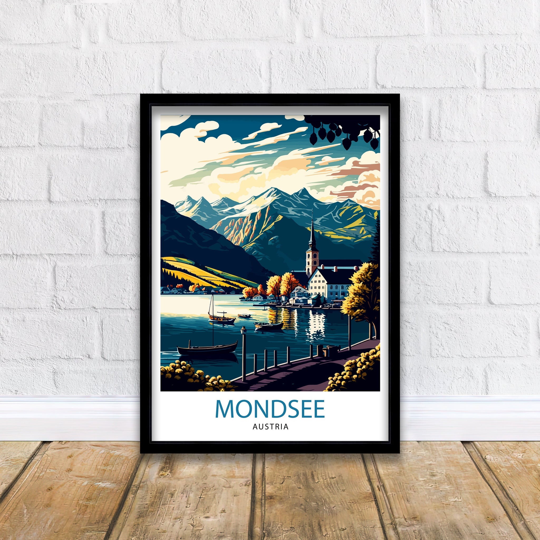 Mondsee Austria Travel Poster, Lake Illustration, Home Decor