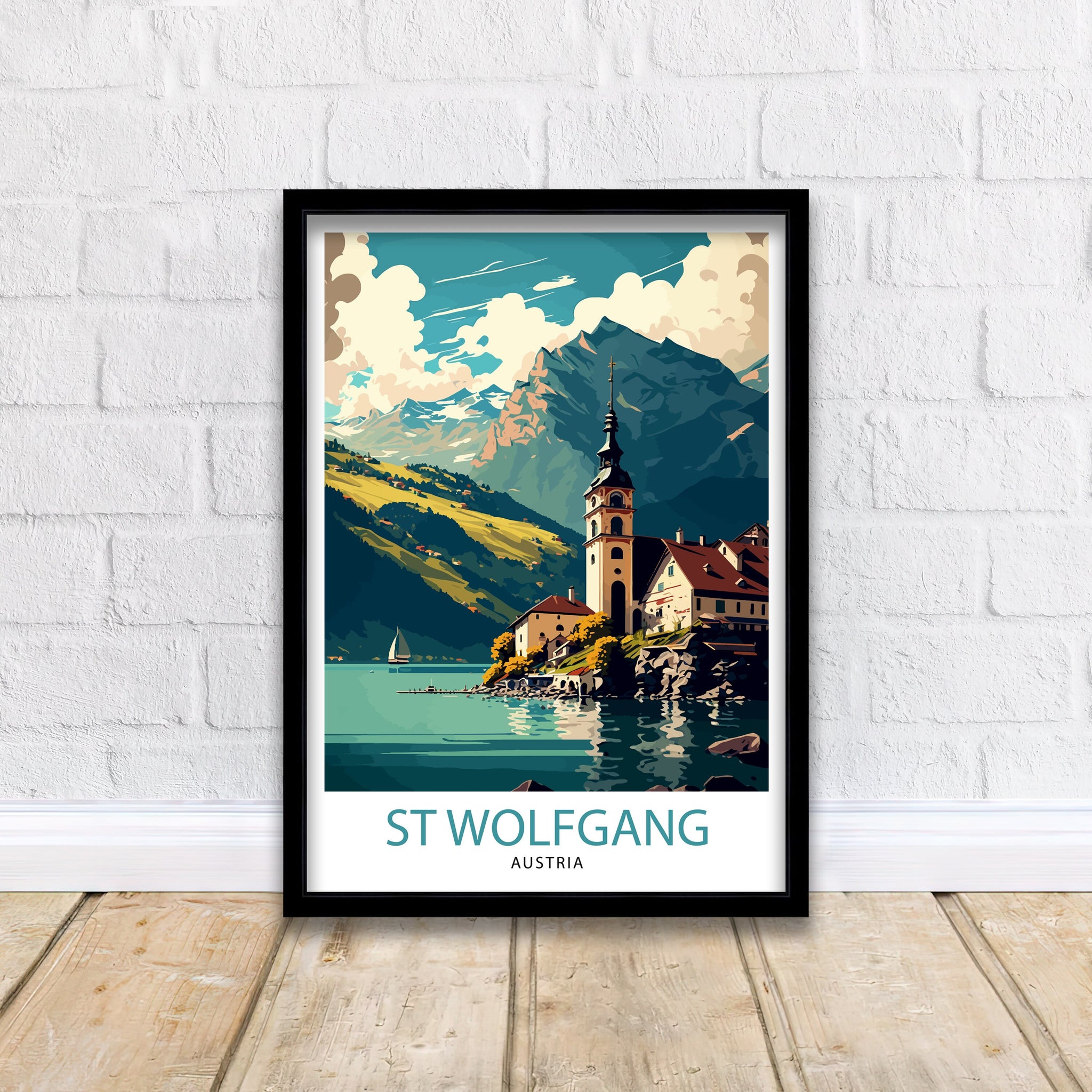 Saint Wolfgang Austria Travel Poster, Wolfgangsee Illustration