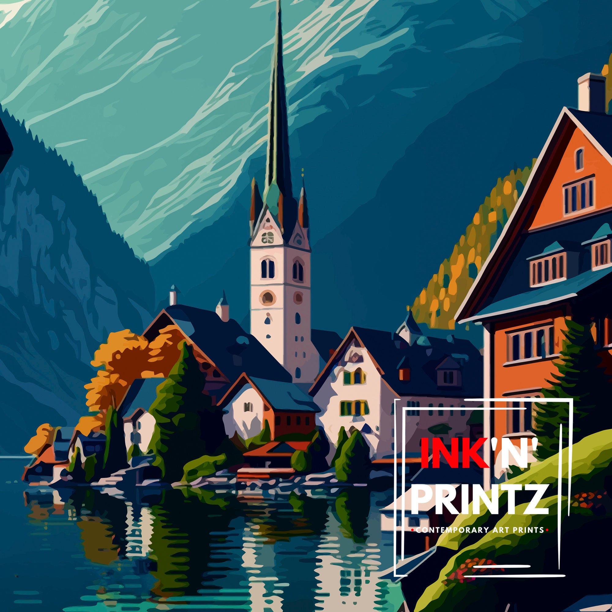 Hallstatt Austria Travel Print Hallstatt Wall Decor Hallstatt Home Living Decor Hallstatt Illustration Travel Poster Austria Home Decor