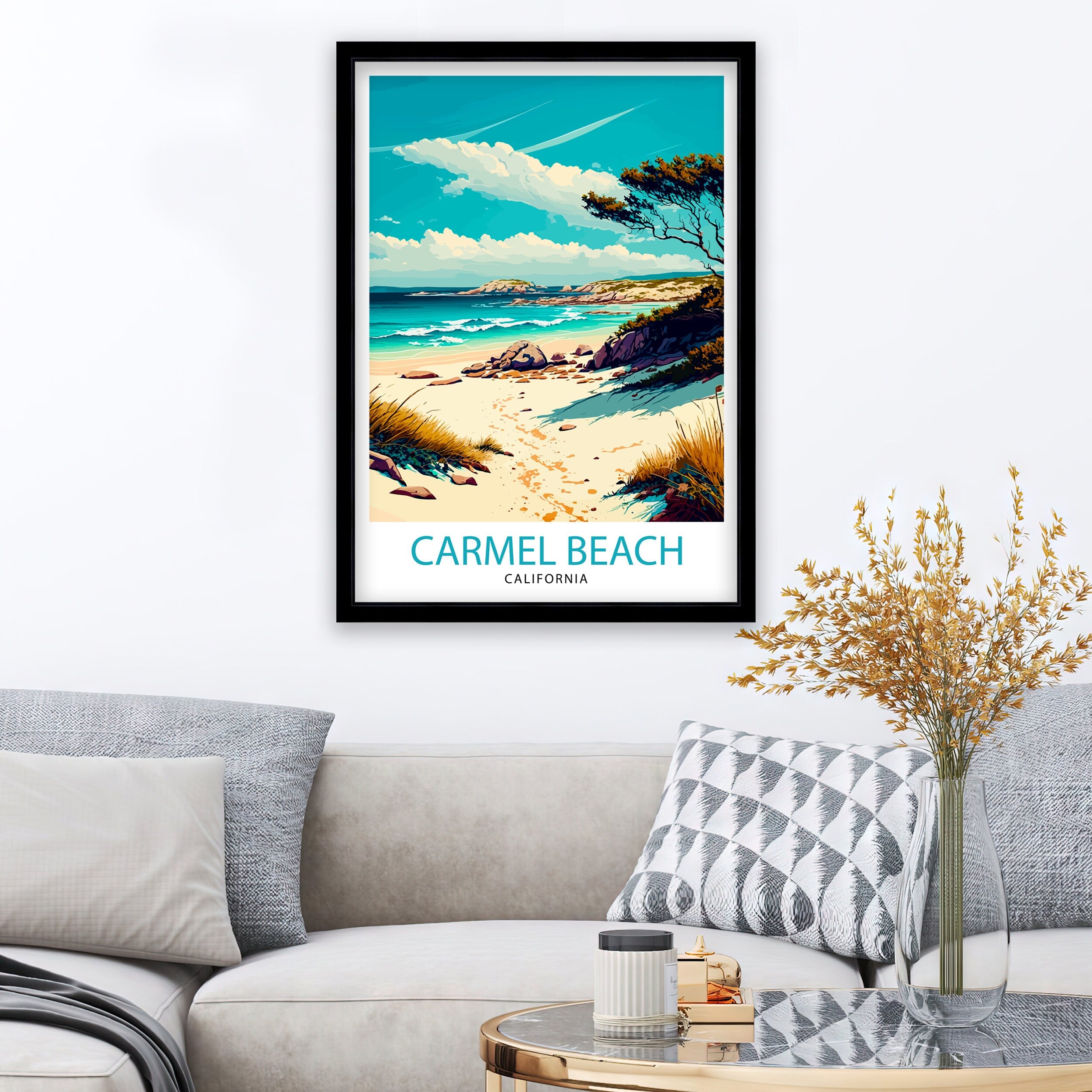 Carmel Beach California Travel Print|Wall Decor Home Living Decor California Illustration Travel Poster Gift For California Home Decor