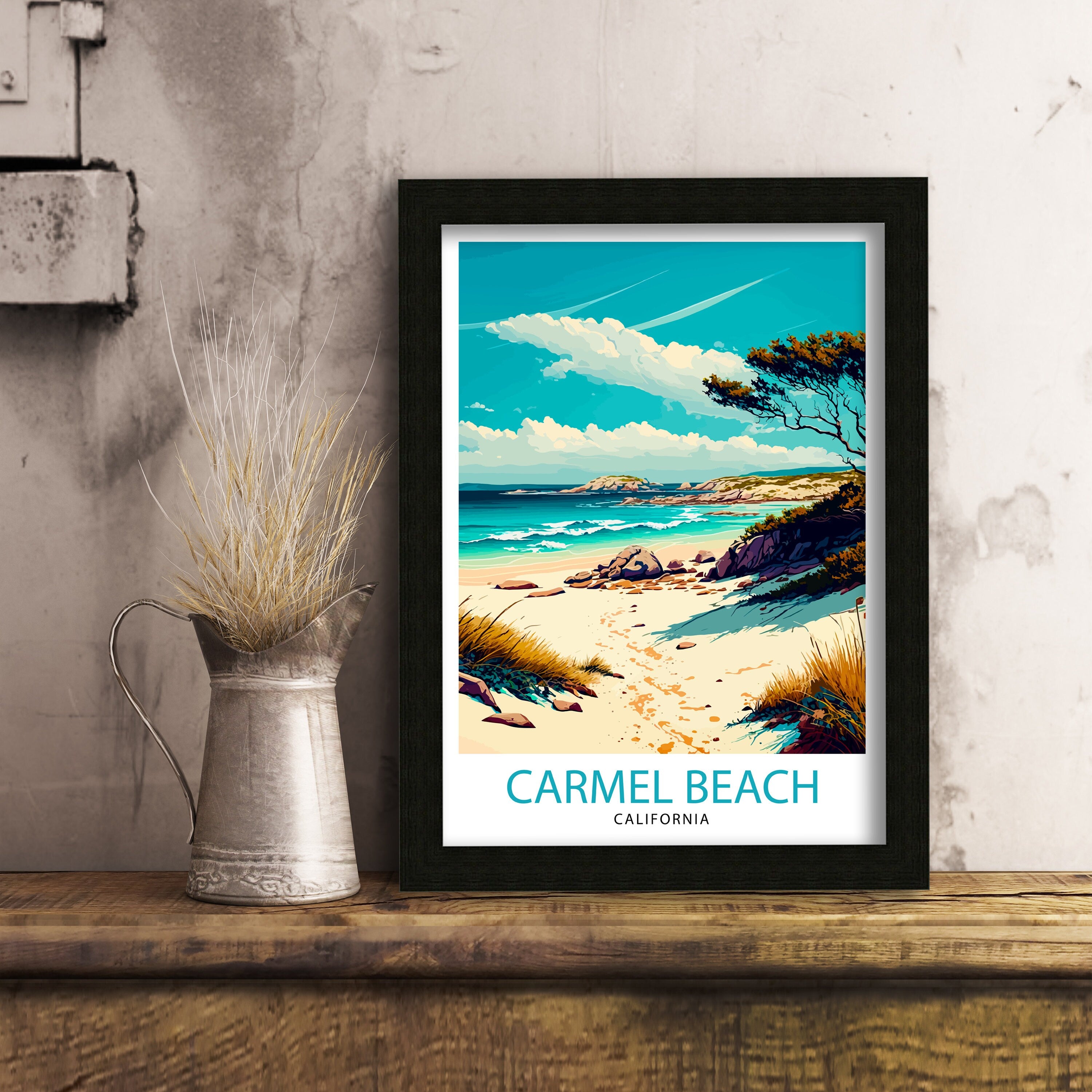 Carmel Beach California Travel Print|Wall Decor Home Living Decor California Illustration Travel Poster Gift For California Home Decor