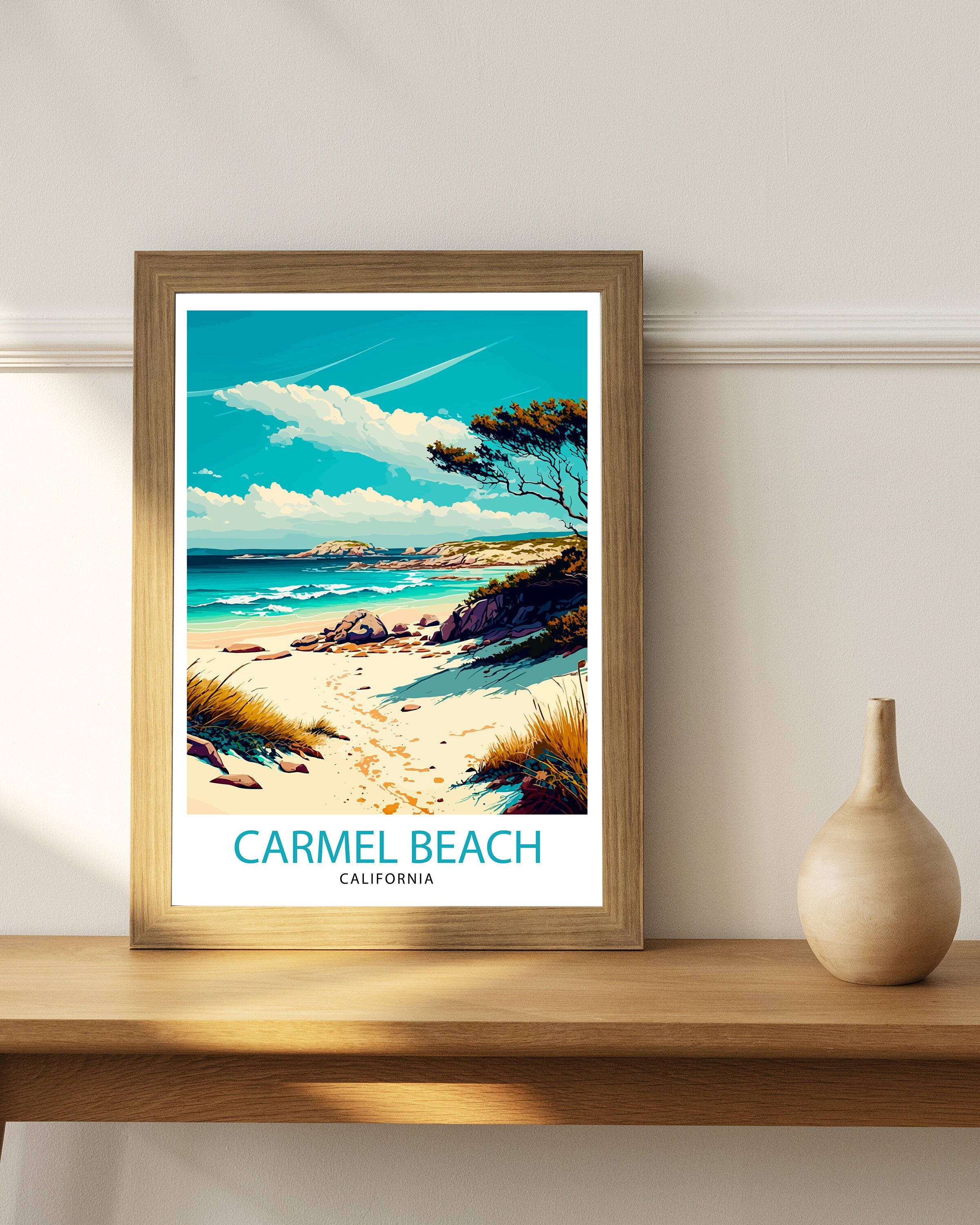 Carmel Beach California Travel Print|Wall Decor Home Living Decor California Illustration Travel Poster Gift For California Home Decor